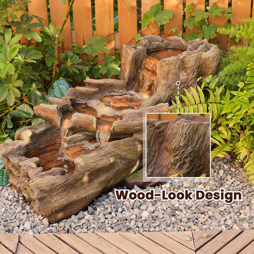 Sunlinua 34.25' L Outdoor Water Fountain with 3 Tiers Large Cascading Realistic Tree Trunk Waterfall Fountains with LED Lights Outdoor Water Fountain for Garden Patio Backyard Porch Home Decor
