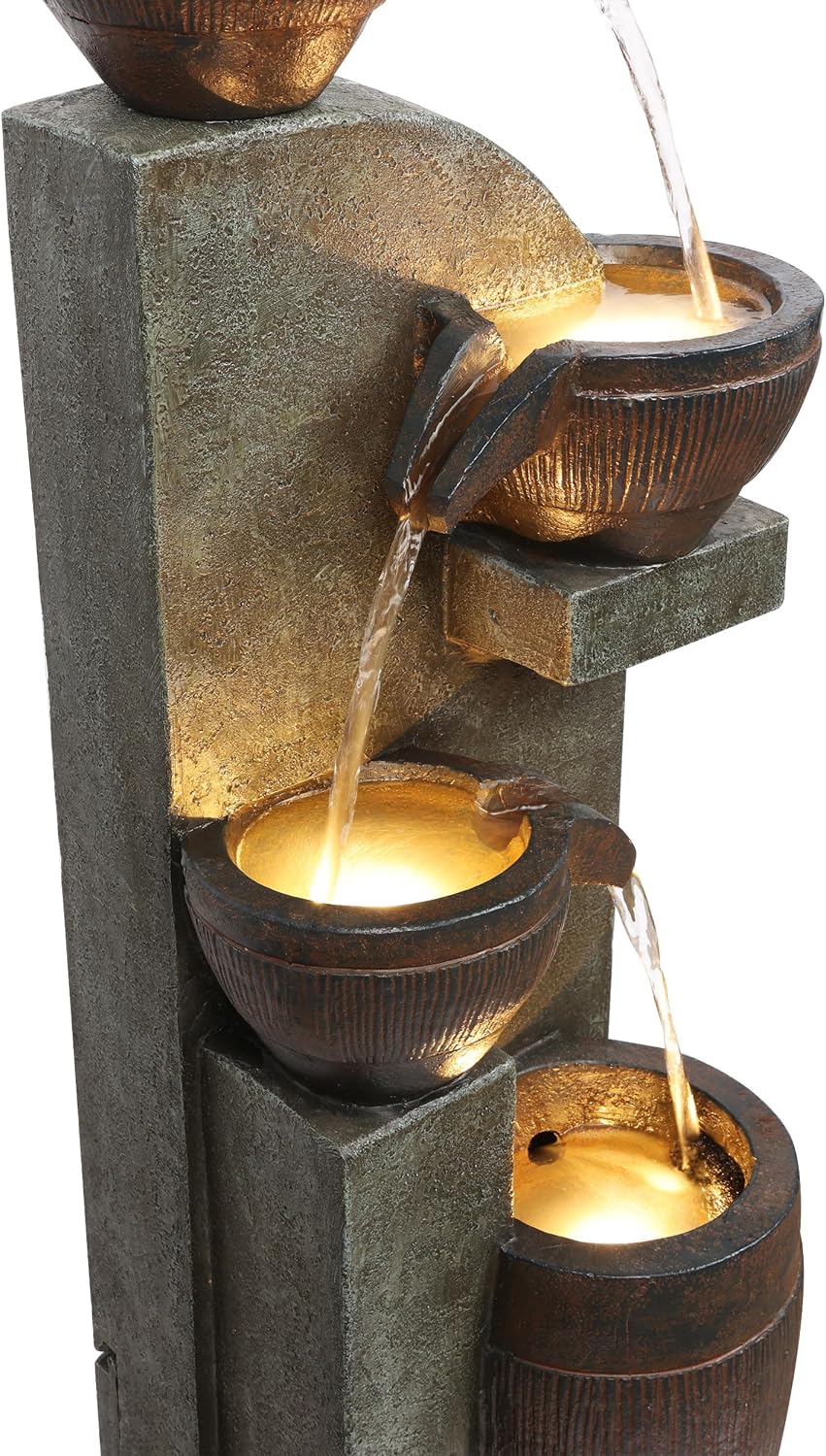 Alpine Corporation 40' Tall Indoor/Outdoor 4-Tier Fountain with LED Lights, Cascading Pot and Bowl Water Feature, Elegant Waterfall for Garden, Patio & Home, Brown