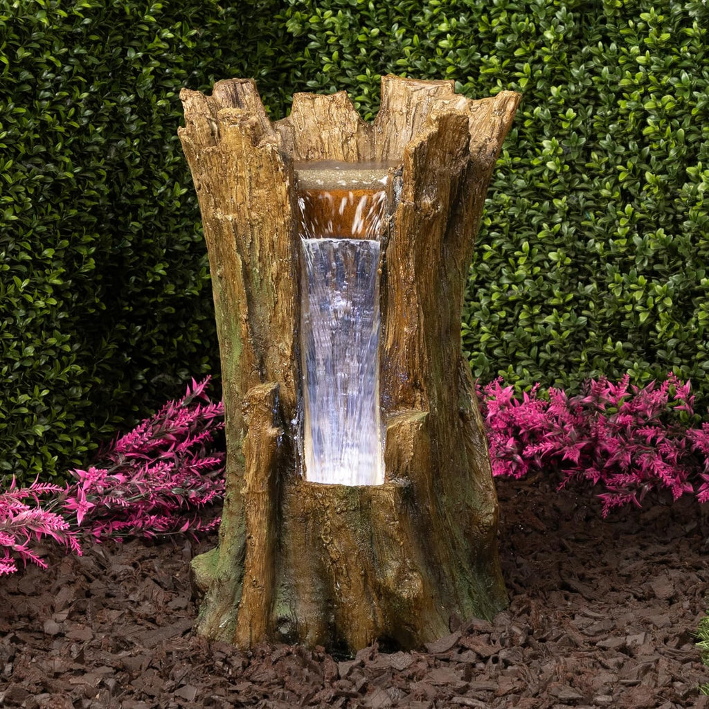 Alpine Corporation TZL294 Outdoor Tree Trunk Floor Fountain with Cool White LED Lights, Tiered Garden Decor, 22' H, Brown