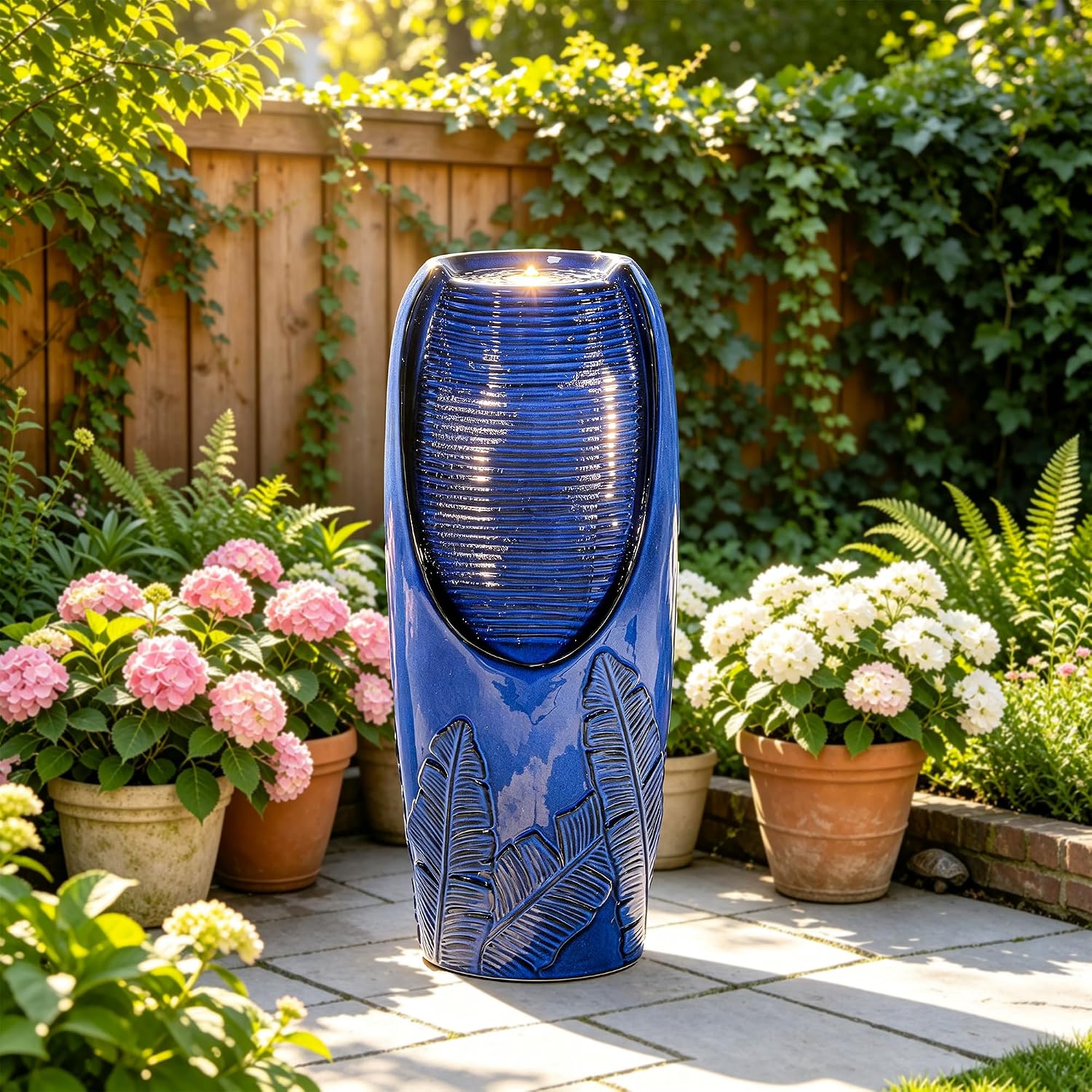 33' Tall Outdoor Garden Fountain with LED Lights, Modern Ceramic Jar Water Fountain, 3D Tropical Leaf Pattern, Cobalt Blue Glaze, Soothing Cascading Waterfall for Relaxing Patio, Yard, Porch