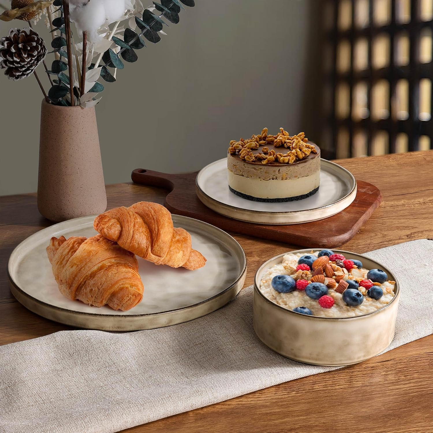 LIANYU Dinnerware Dish Set for 8, 24 Piece Stoneware Plates and Bowls, Ceramic Tableware Sets Includes Dinner Salad Plates, Cereal Bowls, Chip & Scratch Resistant, Sandy Beige