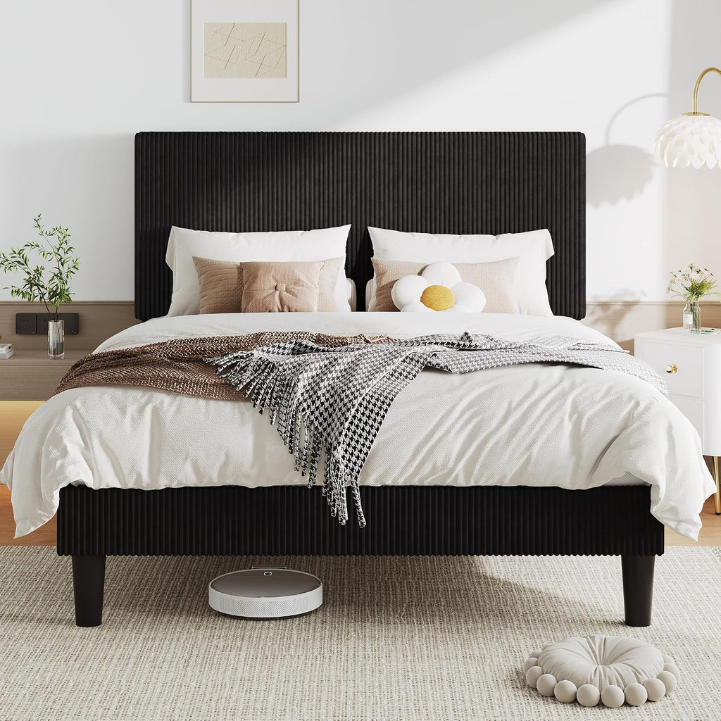 Allewie Full Size Upholstered Bed Frame with Vertical Channel Tufted Headboard, Soft Corduroy Fabric Platform Bed, Strong Wooden Slats Support, Easy Assembly, No Box Spring Needed, Black