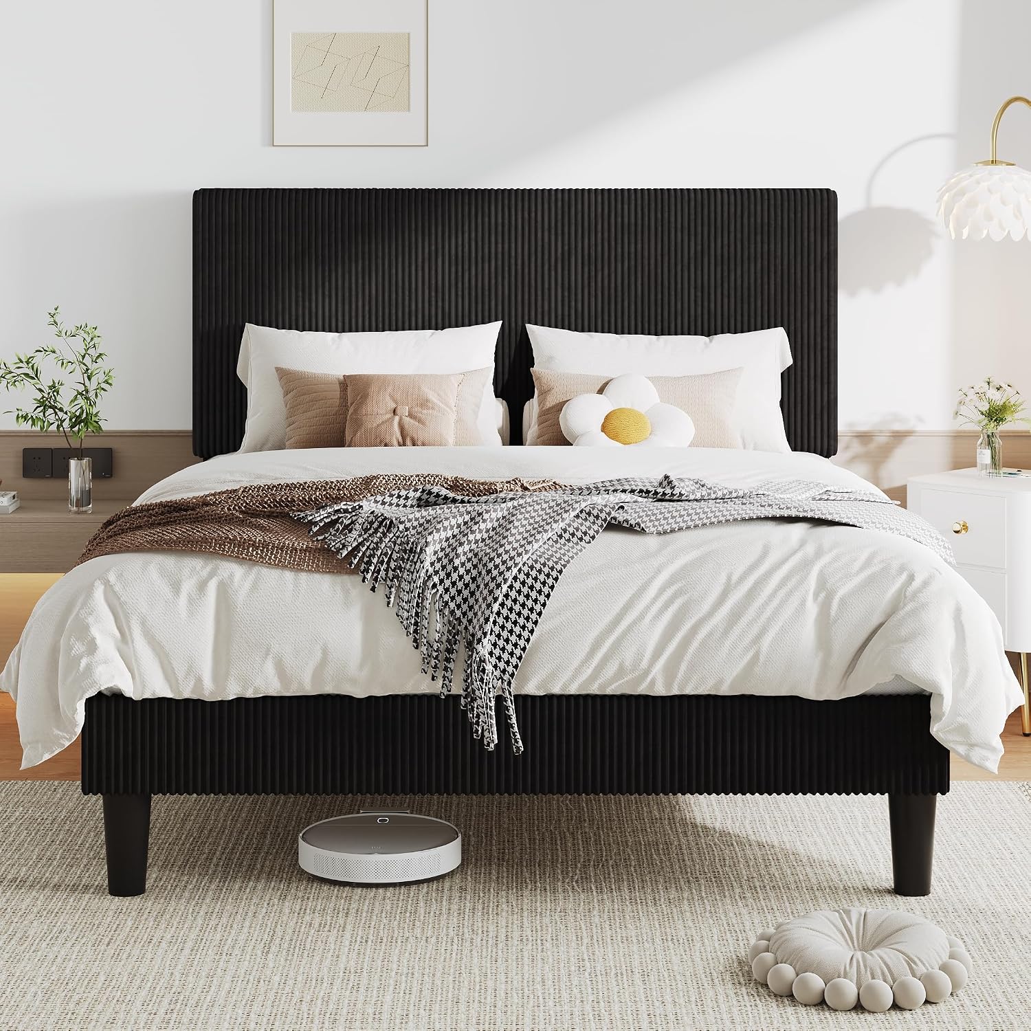 Allewie Full Size Upholstered Bed Frame with Vertical Channel Tufted Headboard, Soft Corduroy Fabric Platform Bed, Strong Wooden Slats Support, Easy Assembly, No Box Spring Needed, Black
