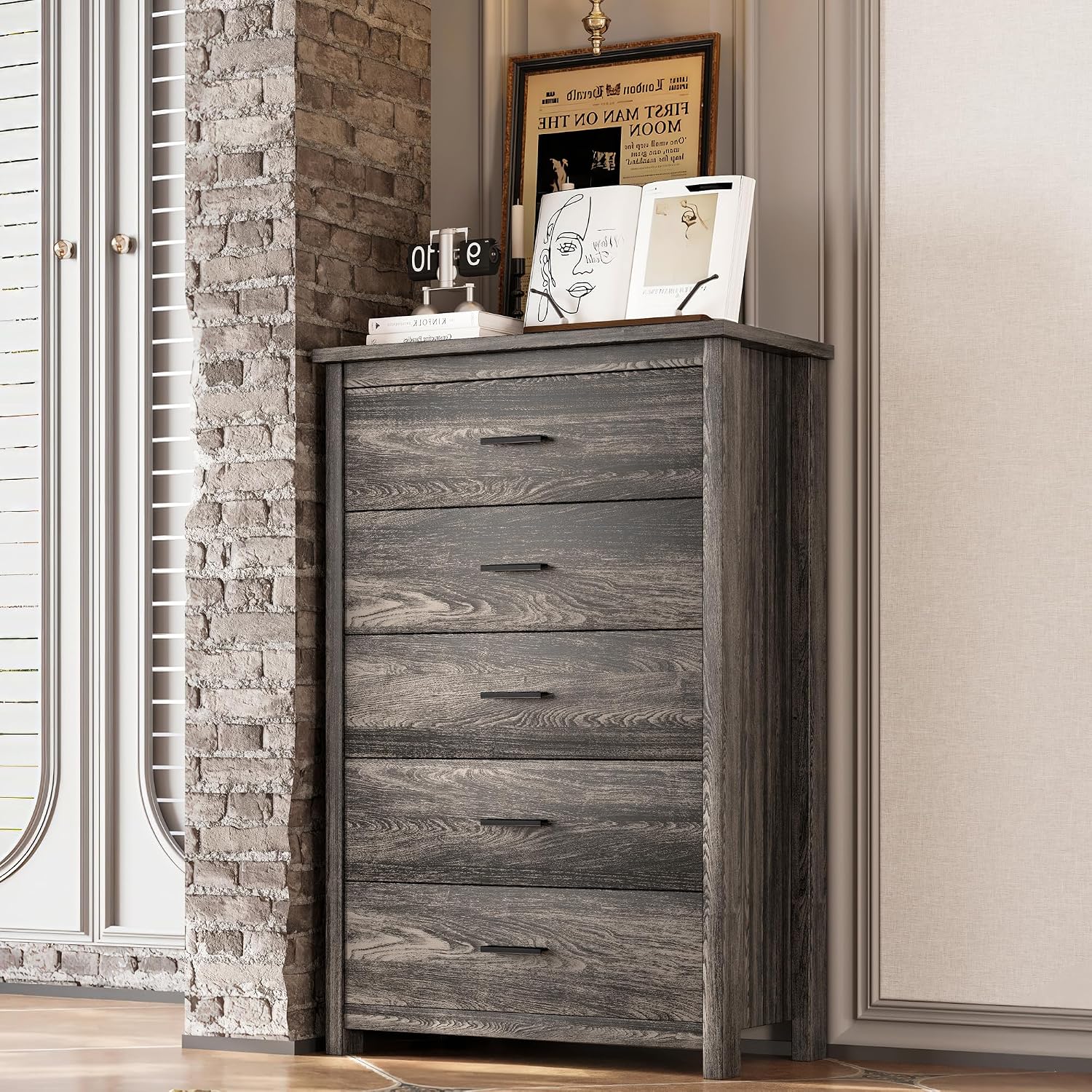 4-Piece Bedroom Furniture Sets, Wooden Queen Size Platform Bed Frame with Storage Headboard and Charging Station, 2 Nightstands with 2 Drawers, 1 Dresser with 5 Drawers (Antique Gray-01)