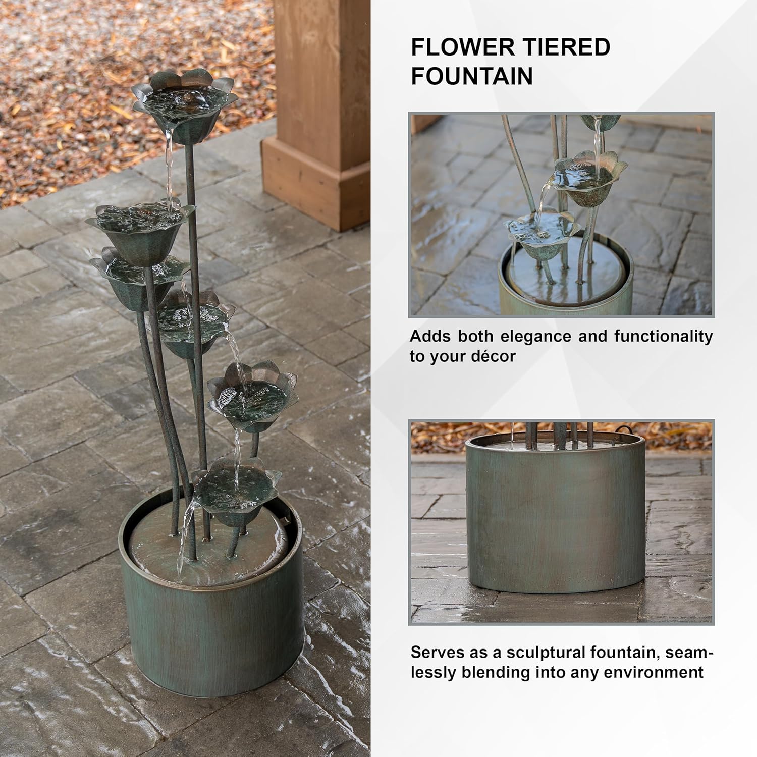 XBrand 35-Inch Freestanding Sculptural Metal Multi-Tier Flower Water Fountain, Silver