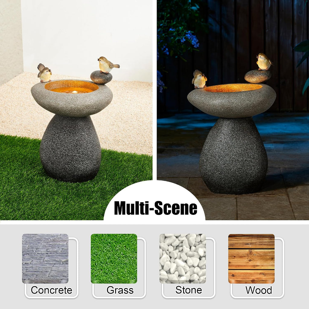 Glitzhome 20.75' H Water Fountain with LED Light and Pump, Zen Style Faux Stone Texture Birdbath Outdoor Fountains with Birds Decor, Floor Fountain for Porch Deck Patio Backyard