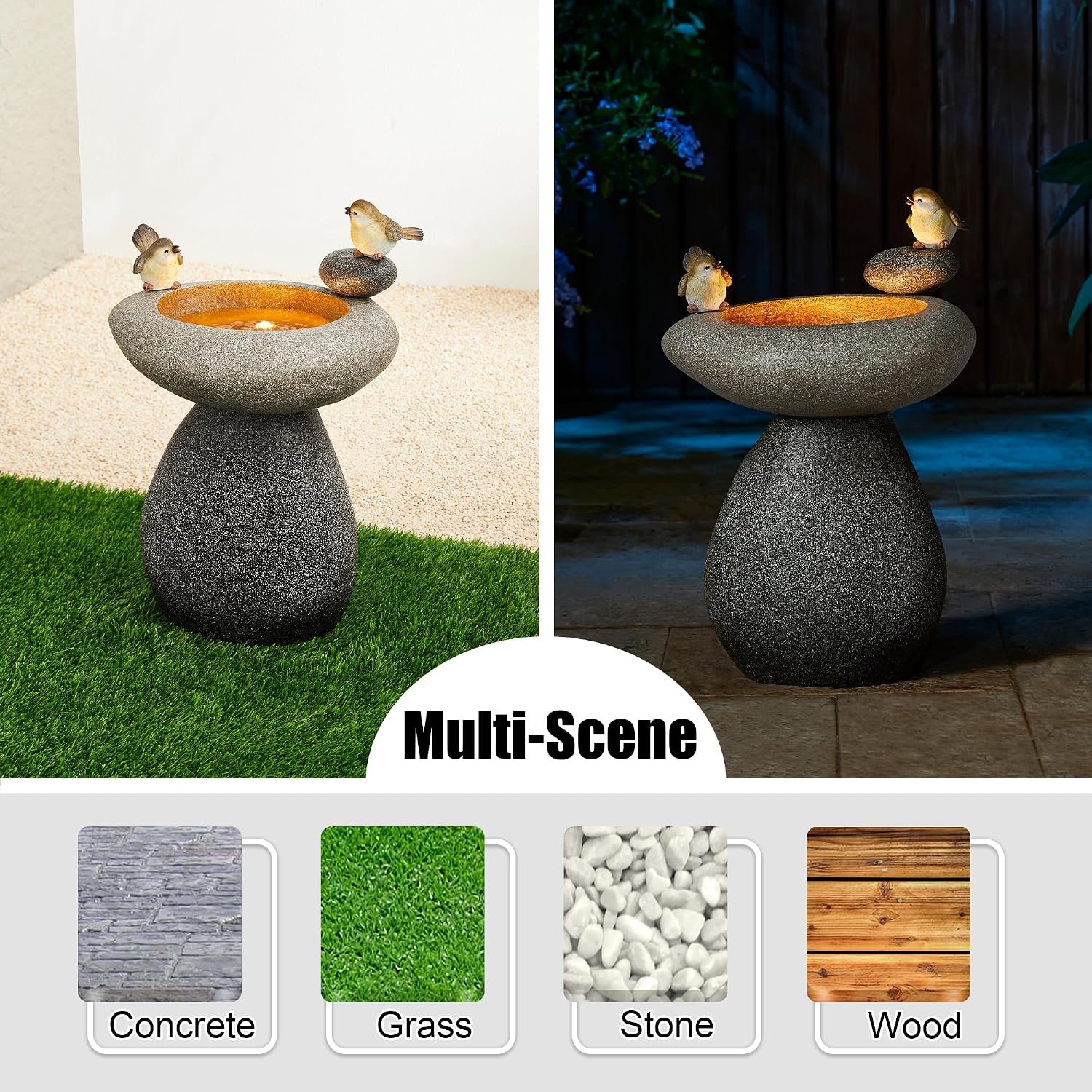 Glitzhome 20.75' H Water Fountain with LED Light and Pump, Zen Style Faux Stone Texture Birdbath Outdoor Fountains with Birds Decor, Floor Fountain for Porch Deck Patio Backyard