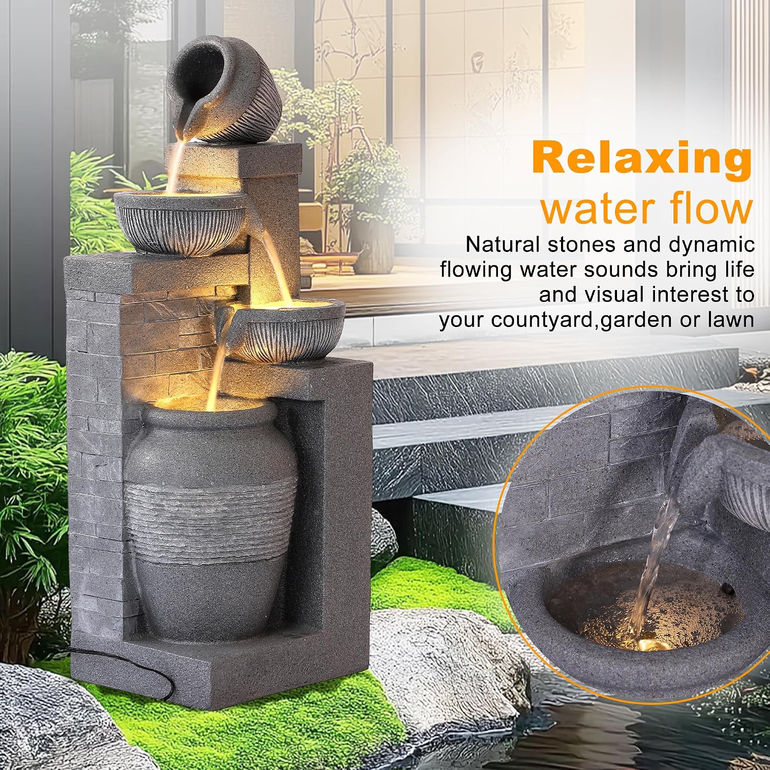 32' Outdoor/Indoor Garden Water Fountains, 4 Tiers Cascading Resin Fountains and Waterfalls with LEDs & Bowls, Modern Floor-Standing Patio Fountain for Porch, Deck, Yard (Grey)