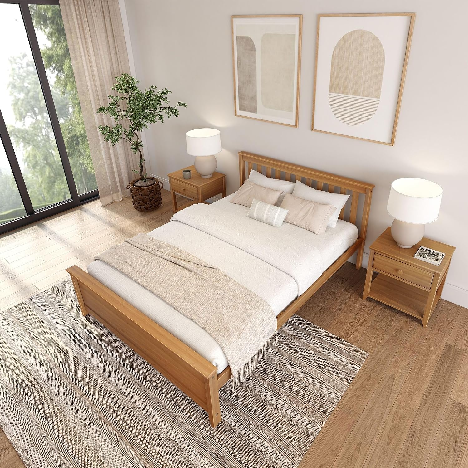 Plank+Beam Solid Wood Queen Bed Frame, Platform Bed with Headboard, Pecan