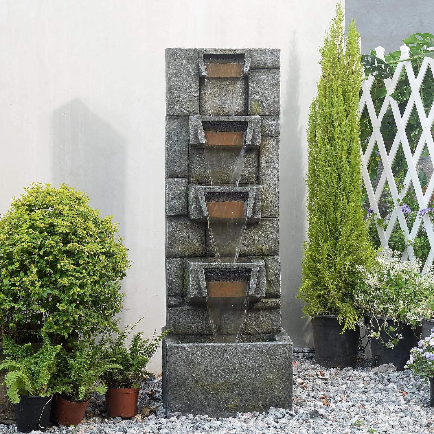 Outdoor Waterfall Fountain with LED Lights, 41' Tall Stone-Look Cascading Water Feature for Home Décor, Realistic Flowing Water Sound for Relaxation, Freestanding Indoor/Outdoor Fountain
