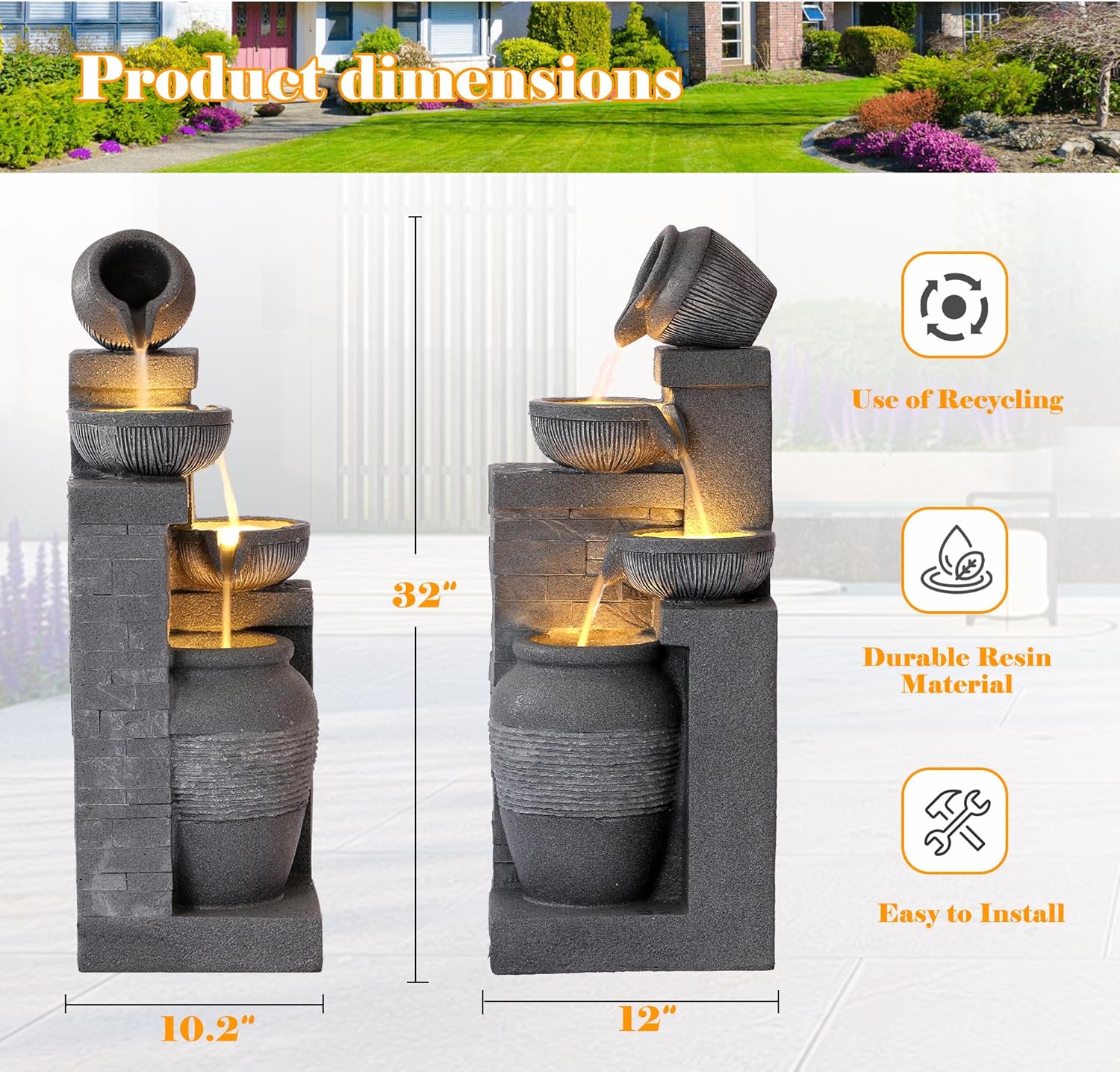 32' Outdoor/Indoor Garden Water Fountains, 4 Tiers Cascading Resin Fountains and Waterfalls with LEDs & Bowls, Modern Floor-Standing Patio Fountain for Porch, Deck, Yard (Grey)