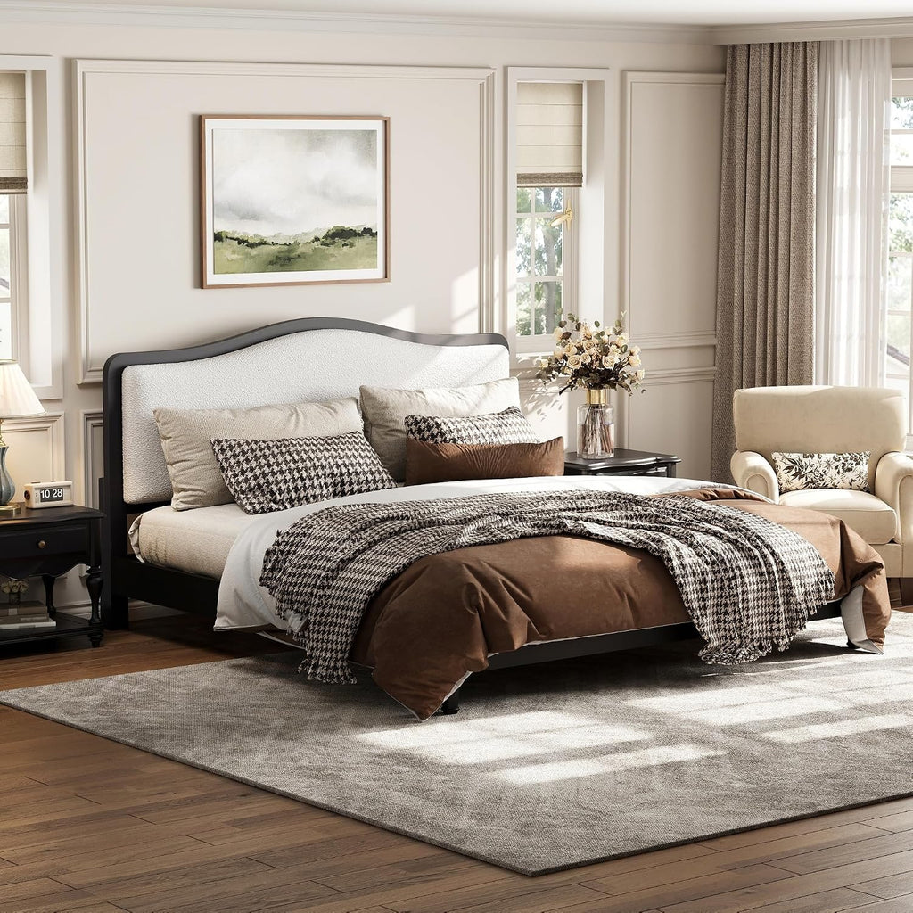 VilroCaz Queen Size Platform Bed with Upholstered Headboard, Versatile Solid Wood Platform Bed Frame with Sturdy Slats Support (Black Frame, Queen)