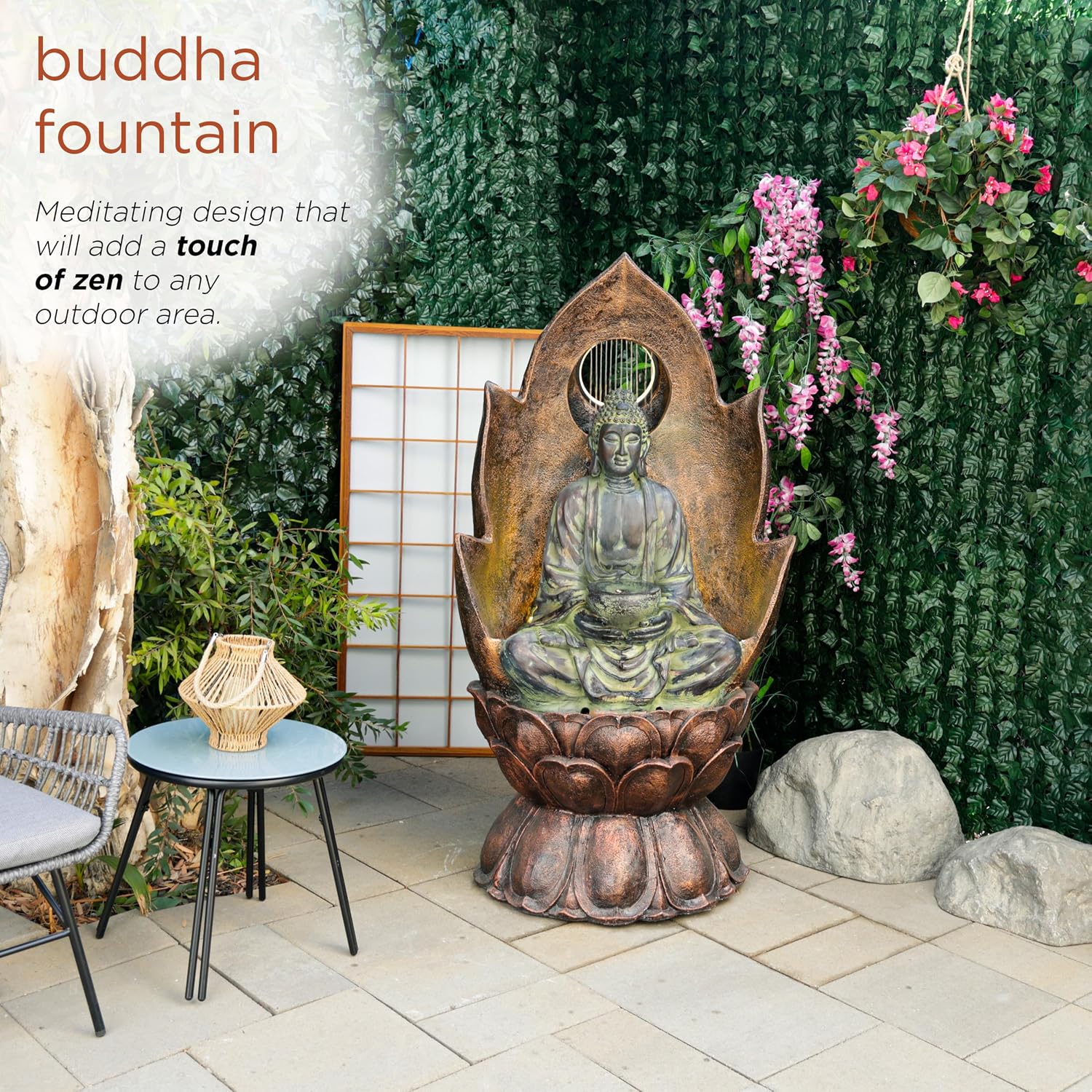 Alpine Corporation 59' Tall Outdoor Buddha Fountain with LED Lights, Elegant Water Feature for Garden, Patio, Yard & Outdoor Spaces, Realistic Stone Look, Calming Waterfall for Relaxation, Brown