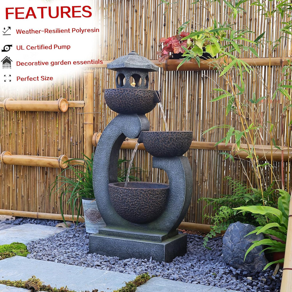 Tankana Water Fountain Outdoor Zen Feature - Garden Tranquil Pagoda Waterfalls Fountains Bowl with LED Lights & Pump for Patio Yard Porch Pool, Gray, 35.5 inches
