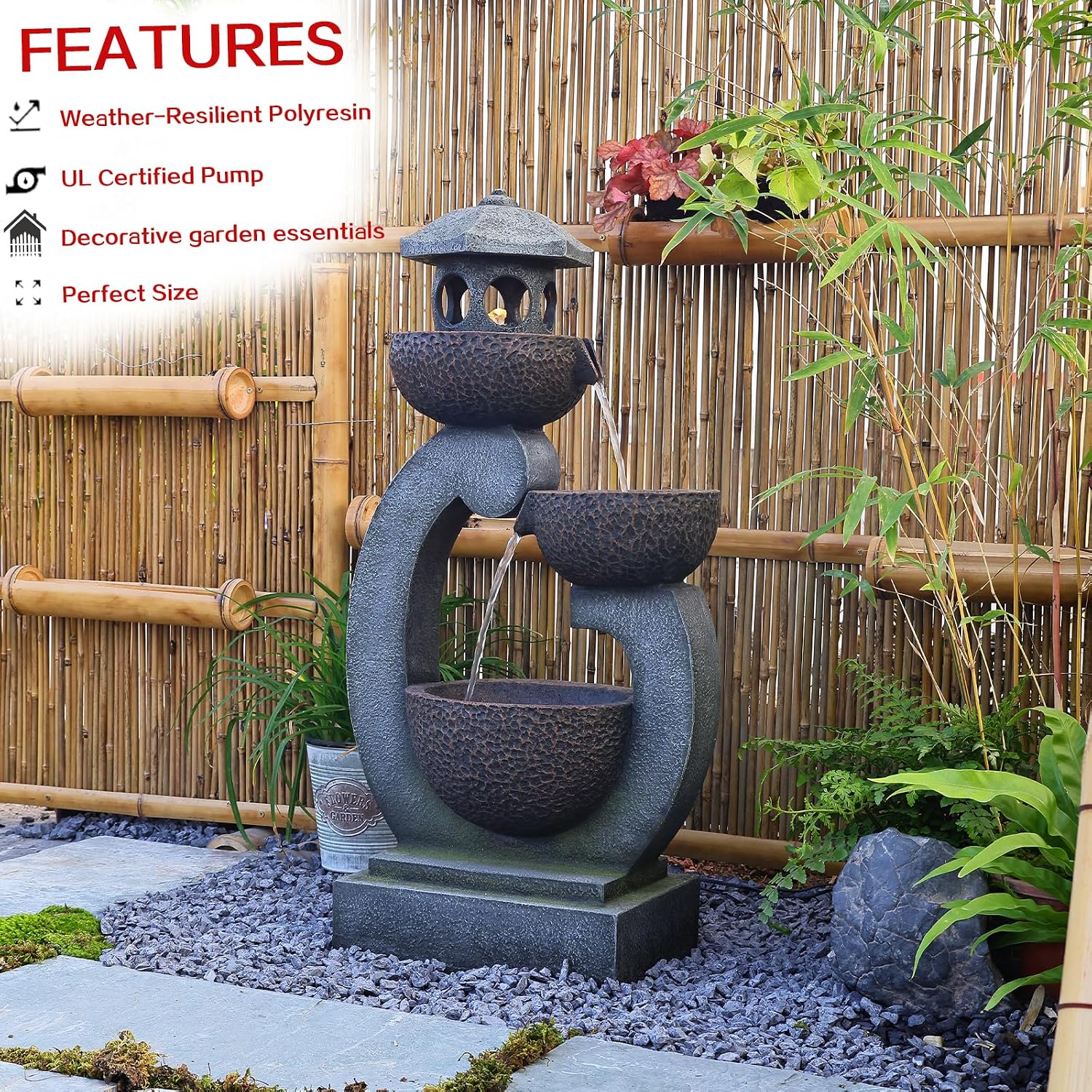 Tankana Water Fountain Outdoor Zen Feature - Garden Tranquil Pagoda Waterfalls Fountains Bowl with LED Lights & Pump for Patio Yard Porch Pool, Gray, 35.5 inches