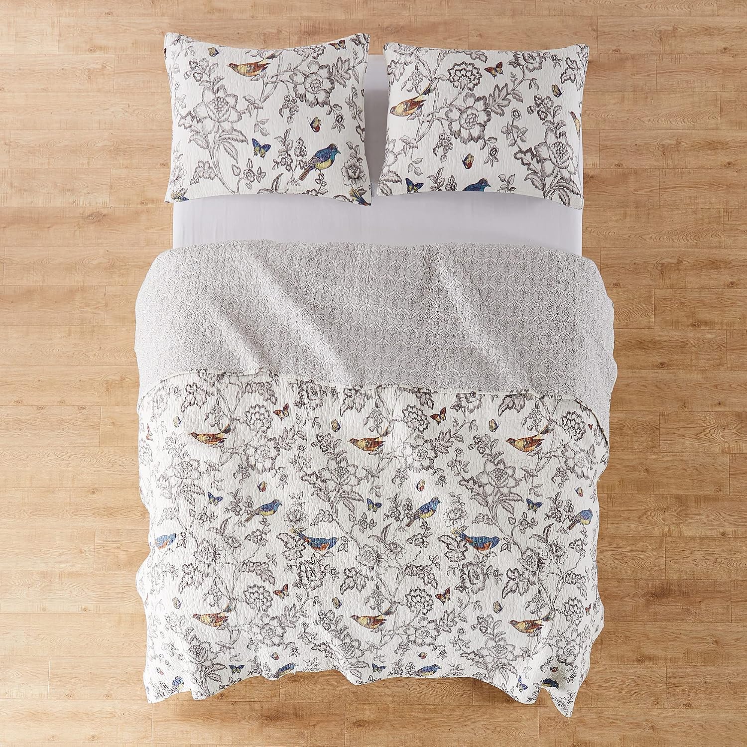 Levtex Home - Mockingbird Quilt Set - King/Cal King Quilt 106x92in. + Two King Pillow Shams 36x20in. - Grey Toile with Birds and Butterflies - Reversible Pattern - Cotton