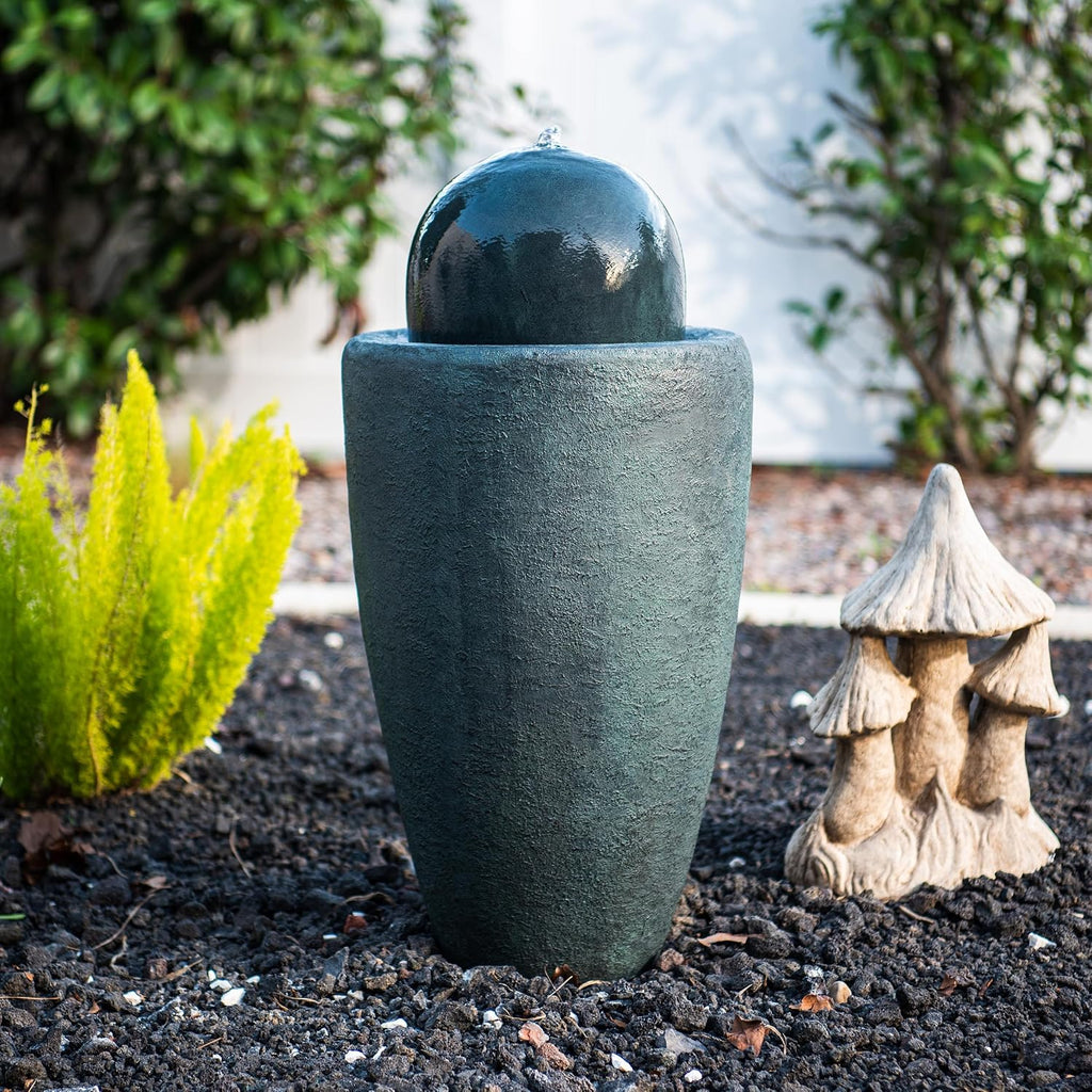 XBrand 25.98' Modern Sphere Water Fountain with LED Light – Indoor Outdoor Stone Texture Floor Fountain, Zen Bubbling Ball Water Feature for Garden Patio Porch - Dark Green