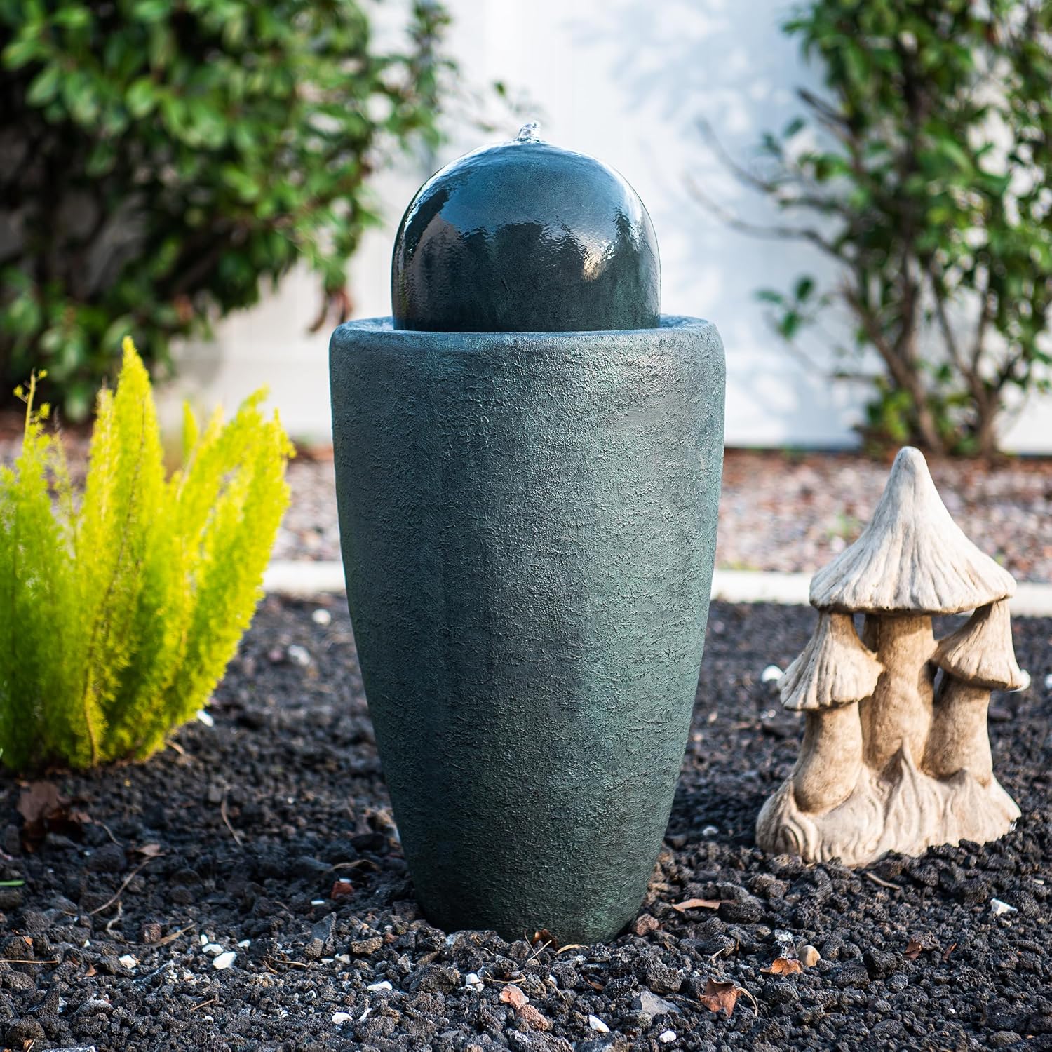 XBrand 25.98' Modern Sphere Water Fountain with LED Light – Indoor Outdoor Stone Texture Floor Fountain, Zen Bubbling Ball Water Feature for Garden Patio Porch - Dark Green