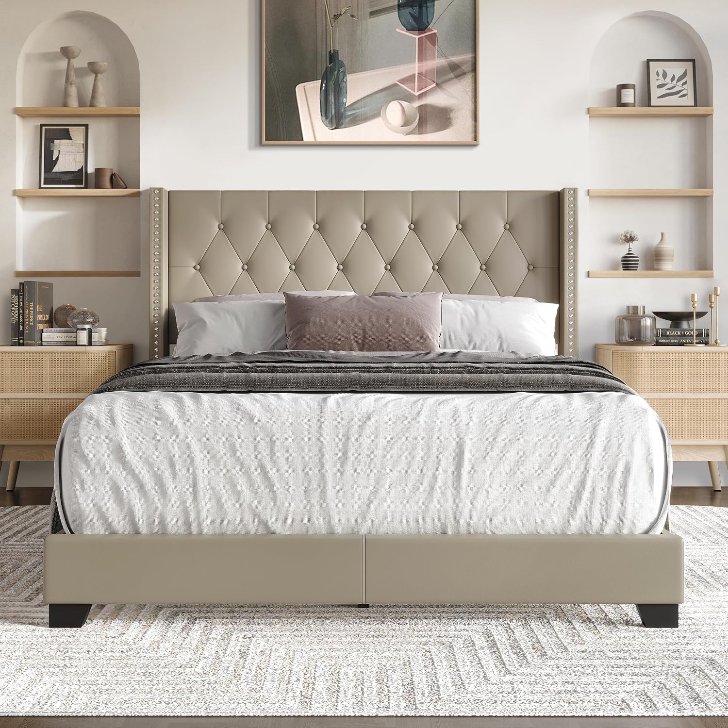 Queen Button Tufted Wingback Faux Leather Upholstered Bed, Gold