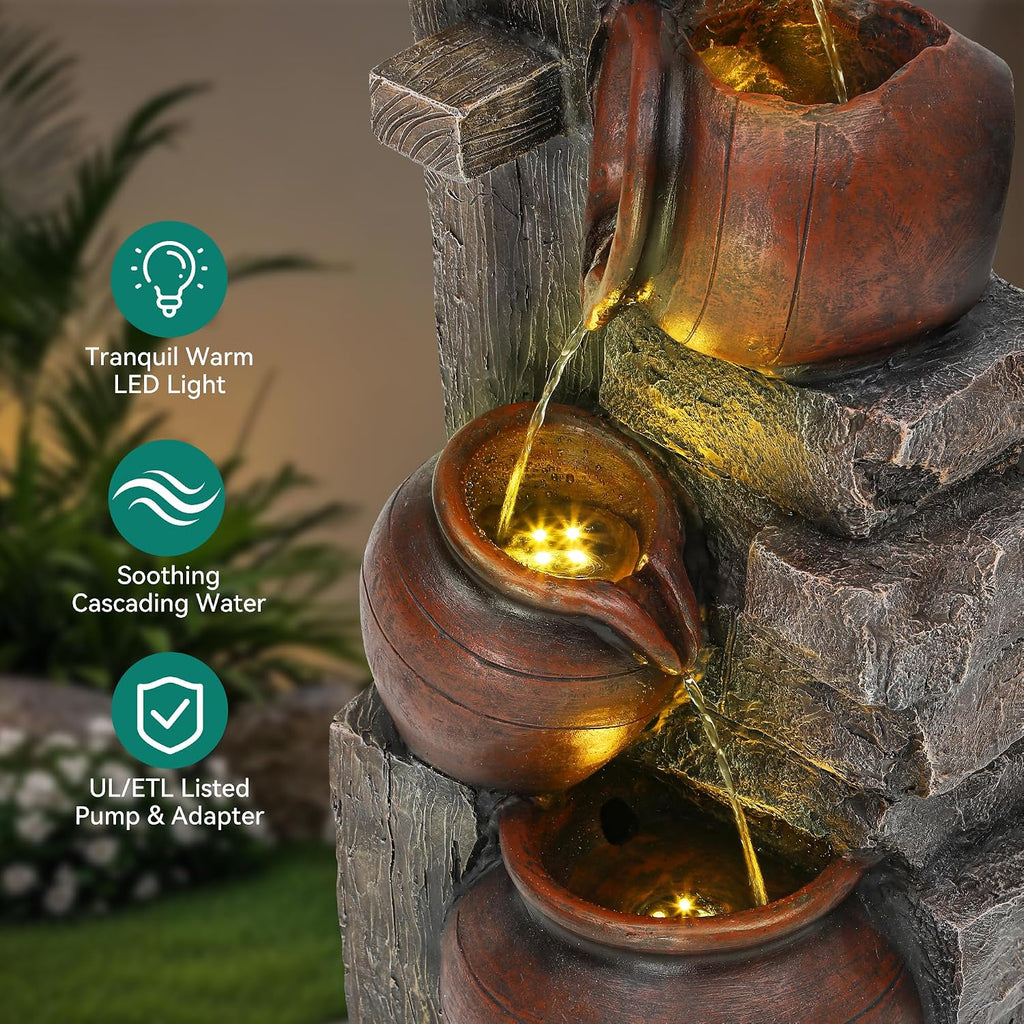 31.5' H Outdoor Water Fountain with LED Lights and Pump, Cascading Pitchers Farmhouse Garden Fountain Waterfall for Patio, Porch, or Yard