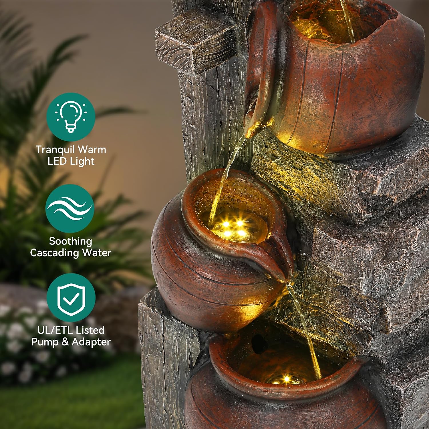 31.5' H Outdoor Water Fountain with LED Lights and Pump, Cascading Pitchers Farmhouse Garden Fountain Waterfall for Patio, Porch, or Yard