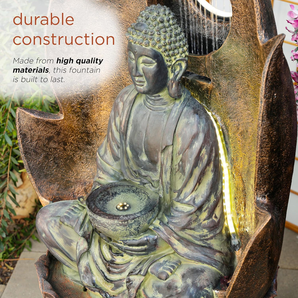Alpine Corporation 59' Tall Outdoor Buddha Fountain with LED Lights, Elegant Water Feature for Garden, Patio, Yard & Outdoor Spaces, Realistic Stone Look, Calming Waterfall for Relaxation, Brown