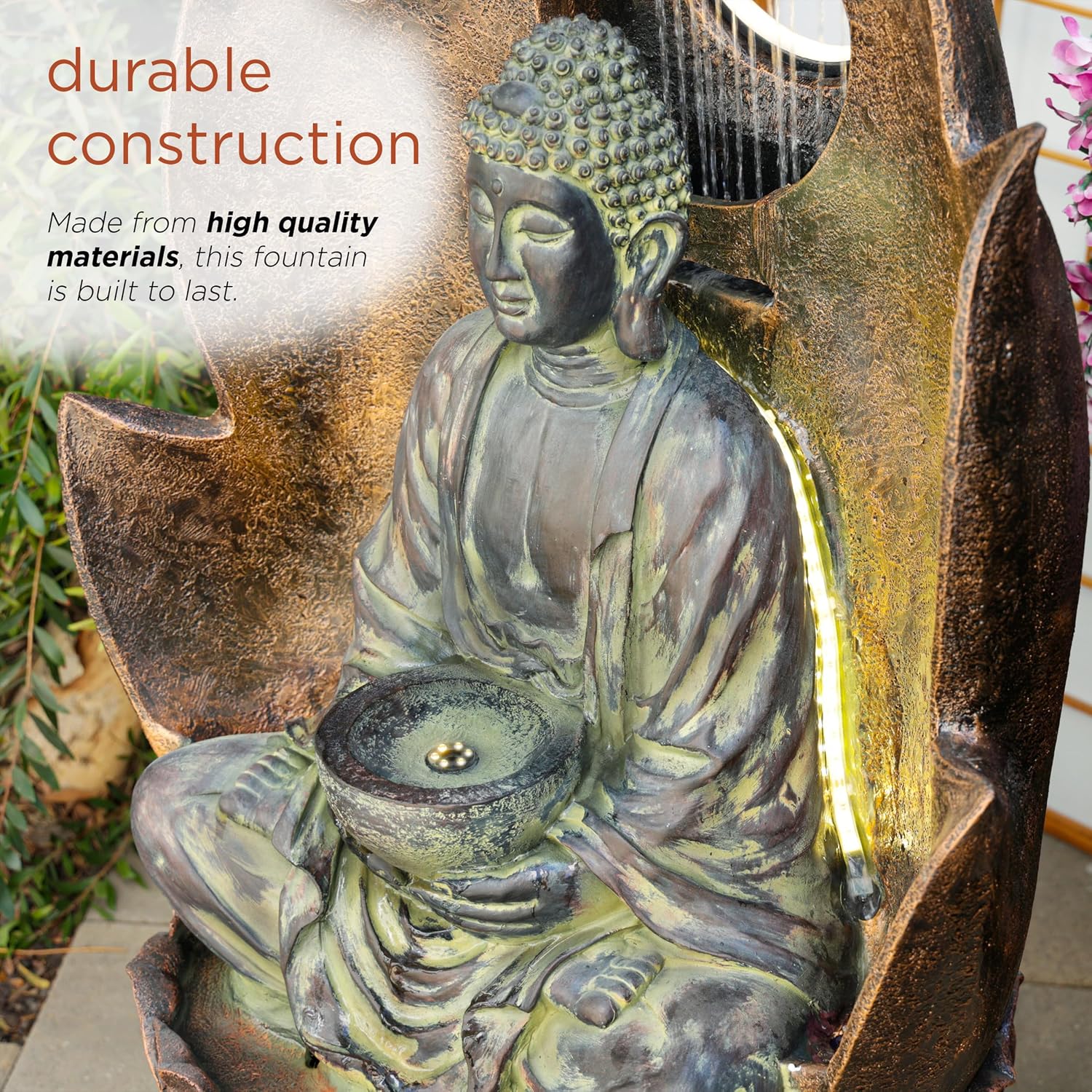 Alpine Corporation 59' Tall Outdoor Buddha Fountain with LED Lights, Elegant Water Feature for Garden, Patio, Yard & Outdoor Spaces, Realistic Stone Look, Calming Waterfall for Relaxation, Brown