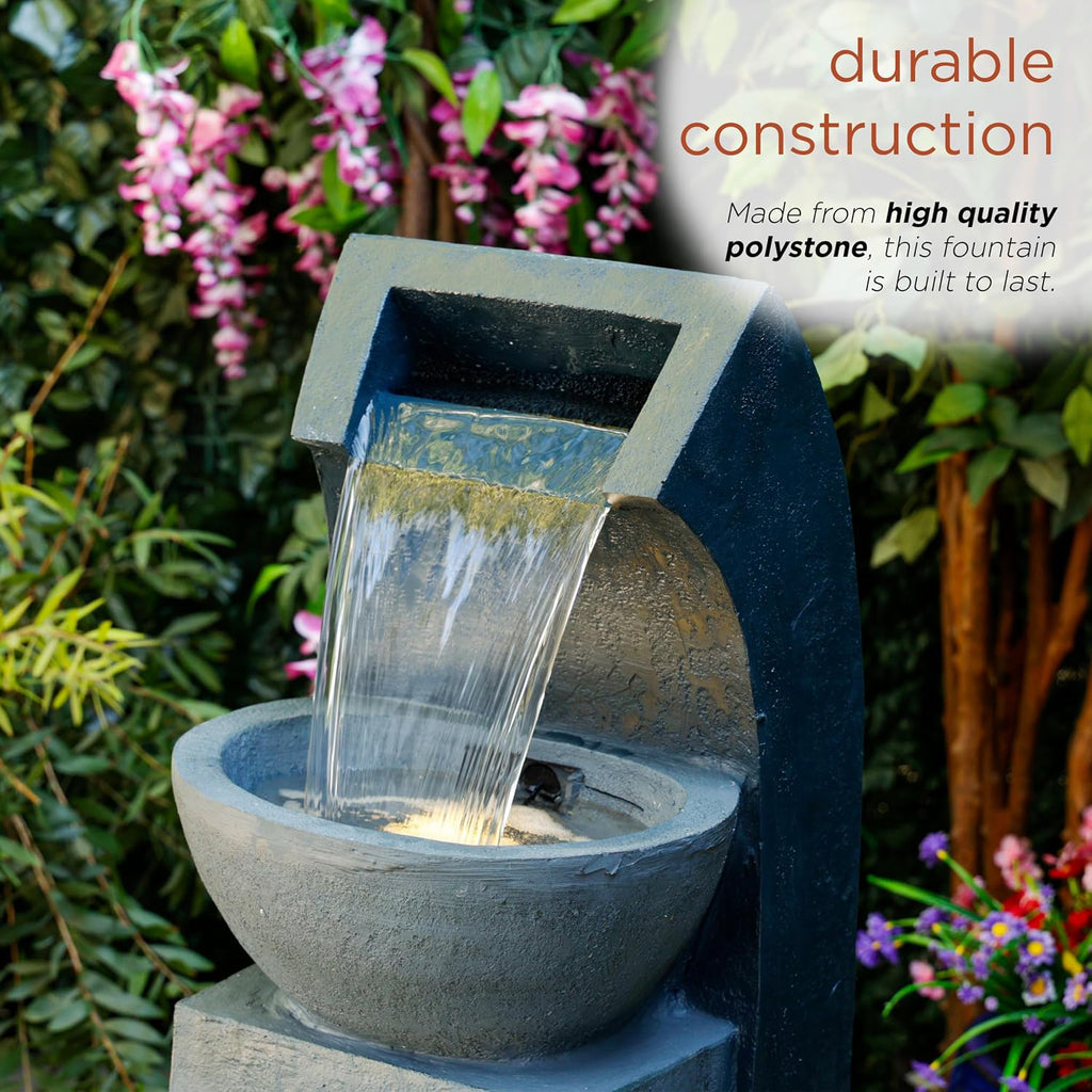Alpine Corporation 41' Tall Outdoor Basin Waterfall Floor Fountain with LED Lights for Garden, Patio, Lawn and Backyard Decor, Gray