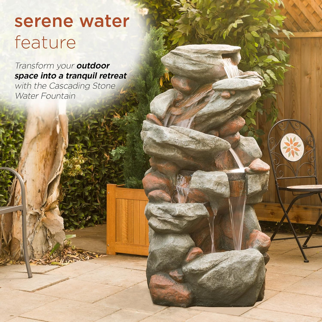 Alpine Corporation WIN1548 Outdoor Floor Cascading Stone Fountain with LED Lights, Tiered Garden Water Fountain, 53' H, Gray