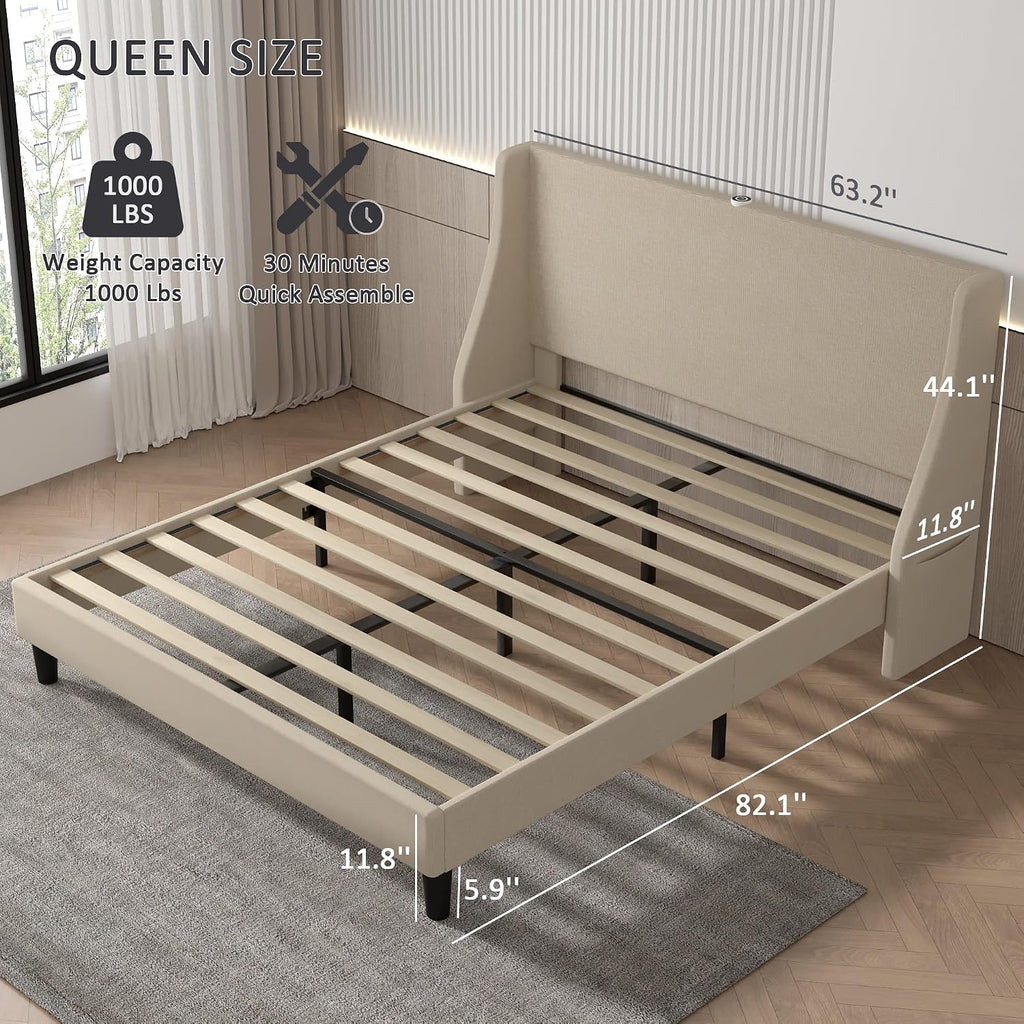 VECELO Queen Bed Frame with Upholstered Wingback Headboard, Heavy-Duty Platform Bedframe with Charging Station & Side Pockets, No Box Spring Needed, Beige