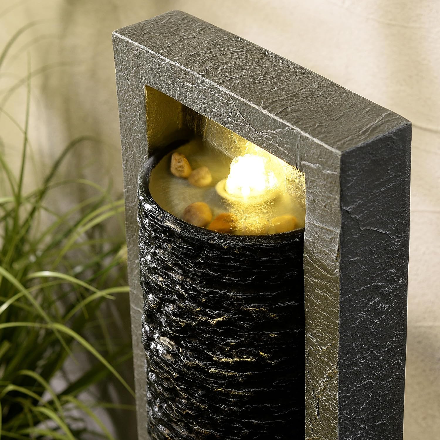 Teamson Home Framed Layered Rock Design Outdoor Water Fountain–Warm Glow Lighting with Steady Flow & Electric Pump, Dark Gray