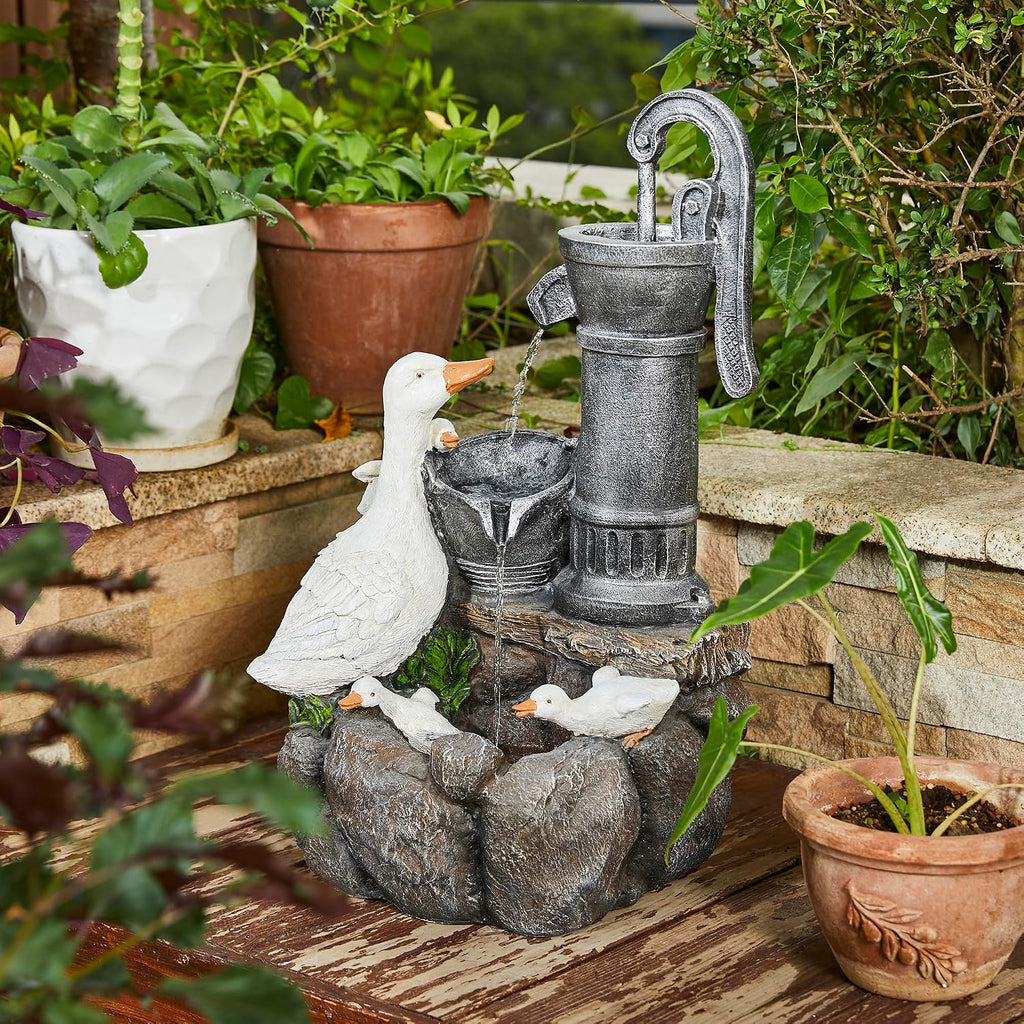 Glitzhome 23.5' Outdoor Duck Fountain with LED Light & Pump, Freestanding 2 Tier Weather-Resistant Patio Fountains Waterfall, Farmhouse Duck Family Sculpture Water Fountain for Backyard Lawn Decor