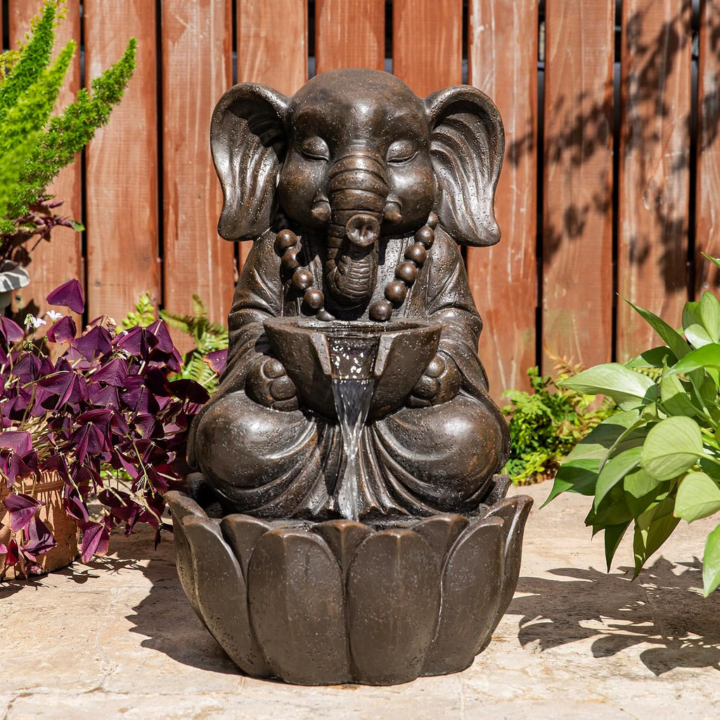 Glitzhome Outdoor Fountains, Water Fountains Outdoor with Lights&Pump, 21.75' H 2-Tiered Zen-Style Bronze Polyresin Elephant Garden Fountain Floor Standing Waterfall for Patio, Porch, or Yard Decor