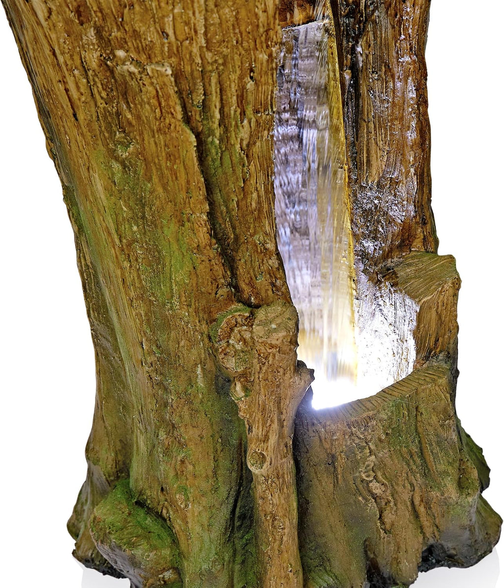 Alpine Corporation TZL294 Outdoor Tree Trunk Floor Fountain with Cool White LED Lights, Tiered Garden Decor, 22' H, Brown