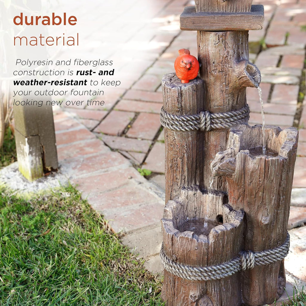 Alpine Corporation 35' Tall Outdoor 3-Tier Birdhouse Water Fountain with Cardinal Accent, Rustic Floor Decor for Garden and Patio, Brown