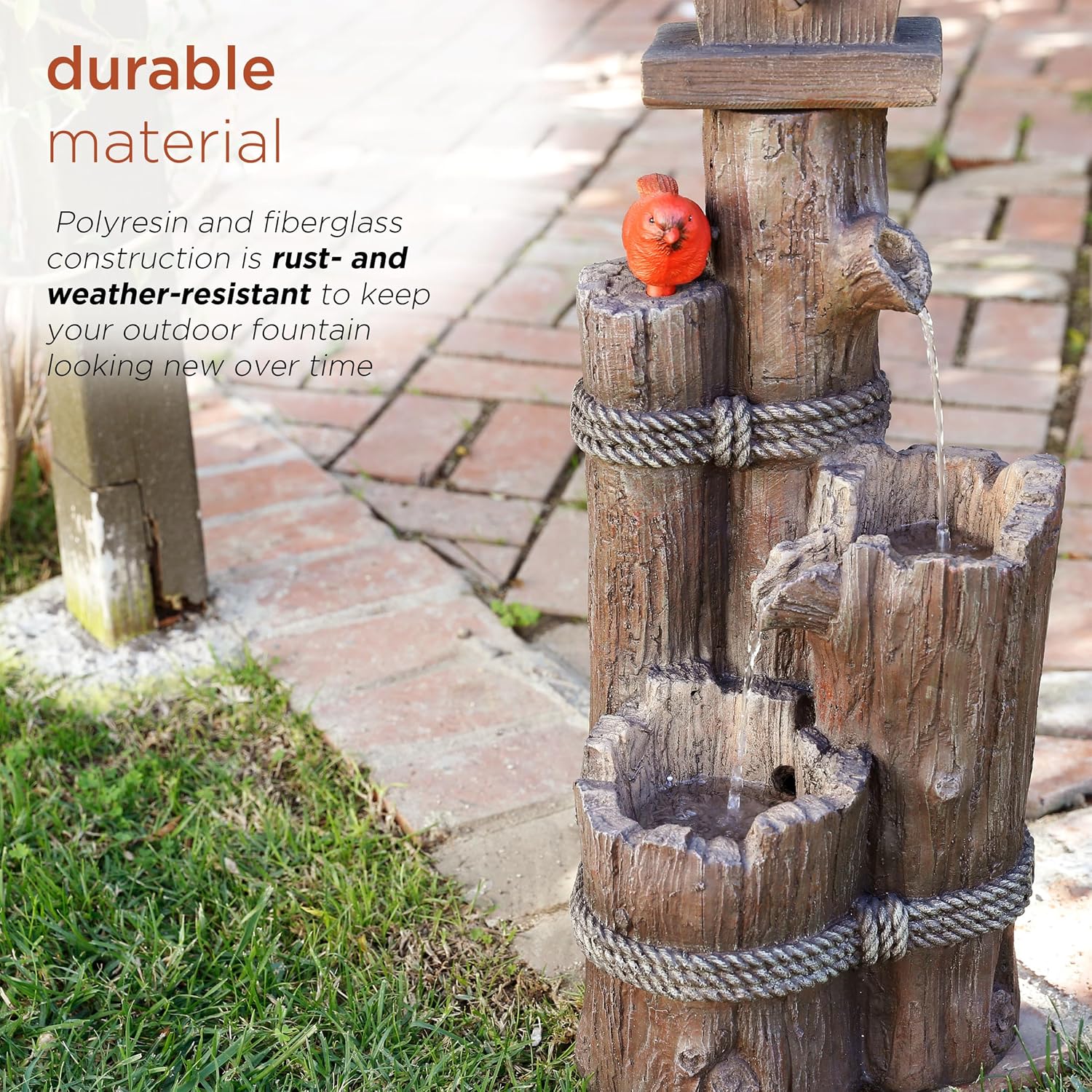 Alpine Corporation 35' Tall Outdoor 3-Tier Birdhouse Water Fountain with Cardinal Accent, Rustic Floor Decor for Garden and Patio, Brown