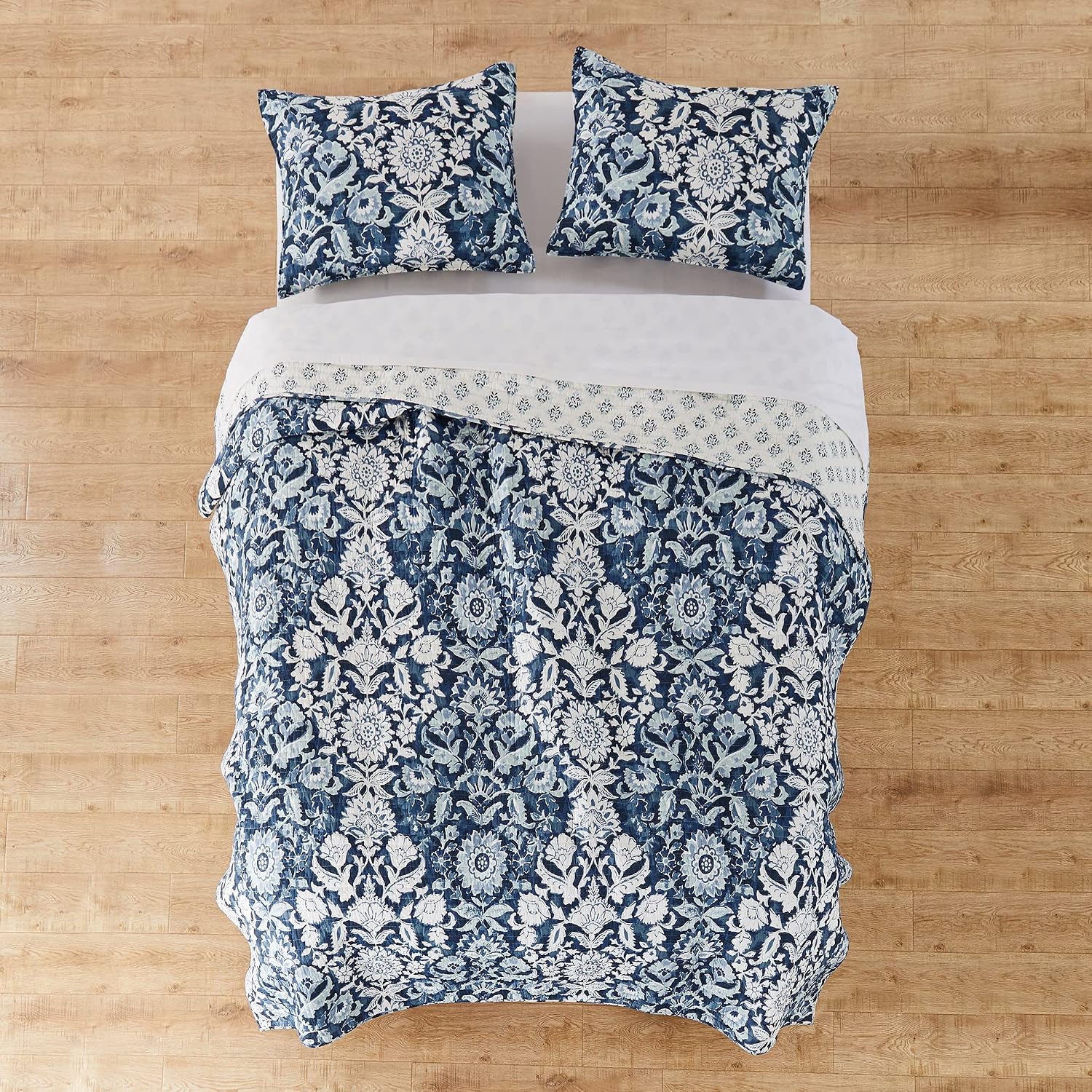 Levtex Home - Laure Indigo Quilt Set - King Quilt and Two King Shams - Floral - Indigo, Blue and White - Quilt (106x92in.) and Shams (20x36in.) - Reversible - Cotton