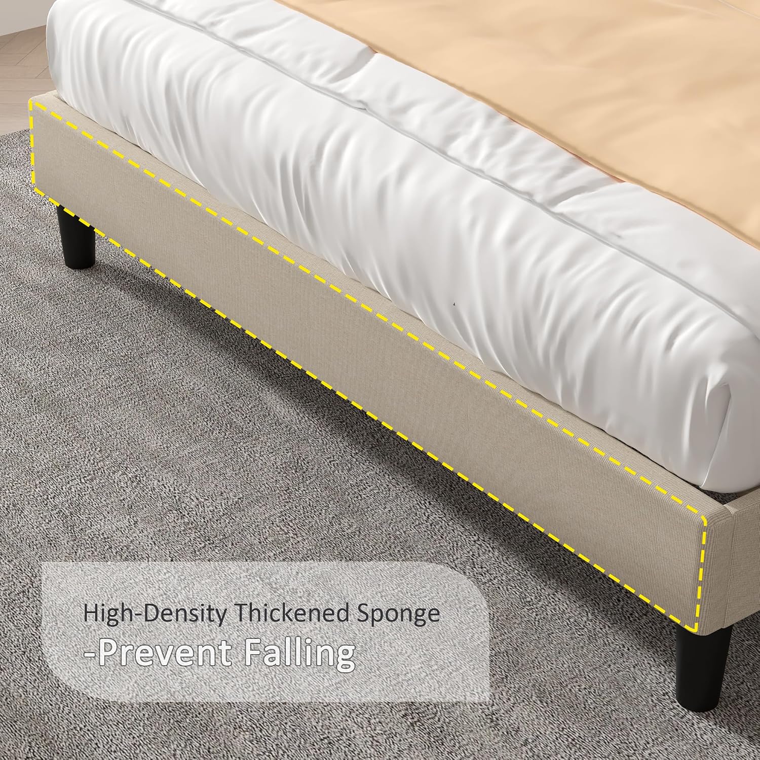 VECELO Queen Bed Frame with Upholstered Wingback Headboard, Heavy-Duty Platform Bedframe with Charging Station & Side Pockets, No Box Spring Needed, Beige