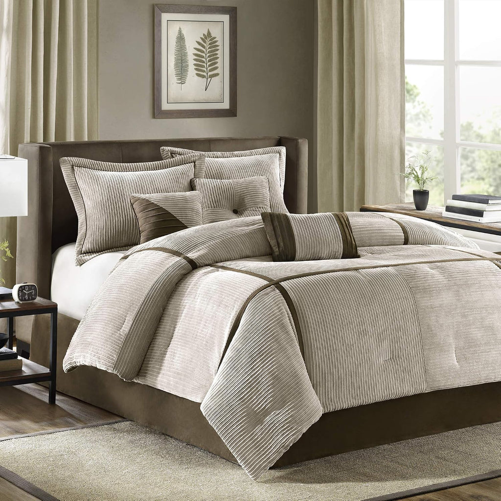 Madison Park Cozy Comforter Set Casual Blocks Design All Season, Matching Bed Skirt, Decorative Pillows, King(104'x92'), Dallas Corduroy, Taupe Brown, 7 Piece