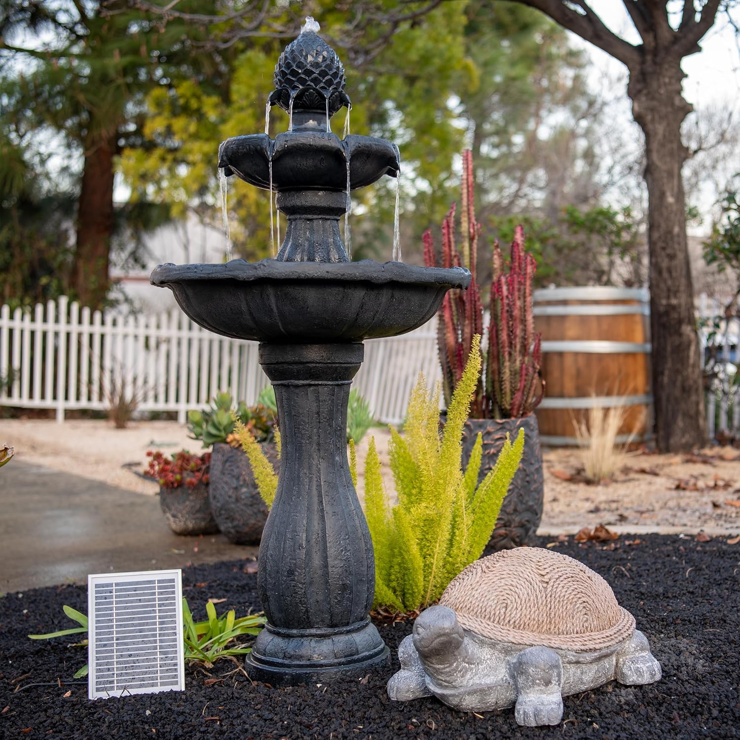 XBrand 44' Solar Powered 2-Tier Outdoor Water Fountain, Fiberglass Resin Fountain with Solar Panel and Auto Shut-Off Pump, Black