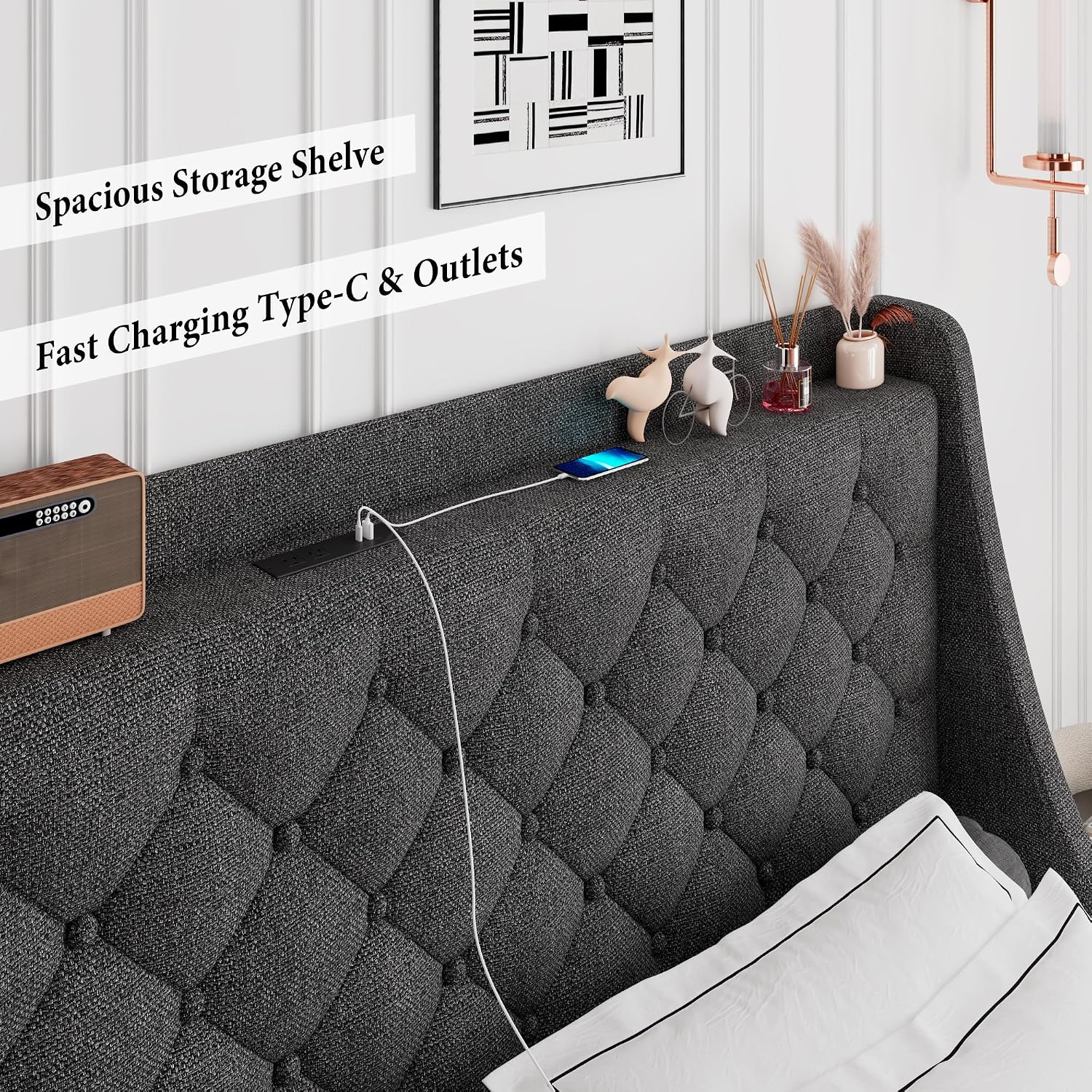 iPormis Queen Bed Frame with 4 Storage Drawers, Upholstered Platform Bed Frame with Type-C & USB Ports, Wingback Storage Headboard, Solid Wood Slats, No Box Spring Needed, Dark Gray