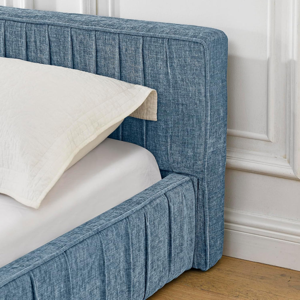 Ball & Cast Queen Size Low Bed Frame,Chenille Upholstered Platform Bed with Pleated Design Headboard,Grounded Floor Bed with Wood Slat Support,No Box Spring Needed,Dark Blue