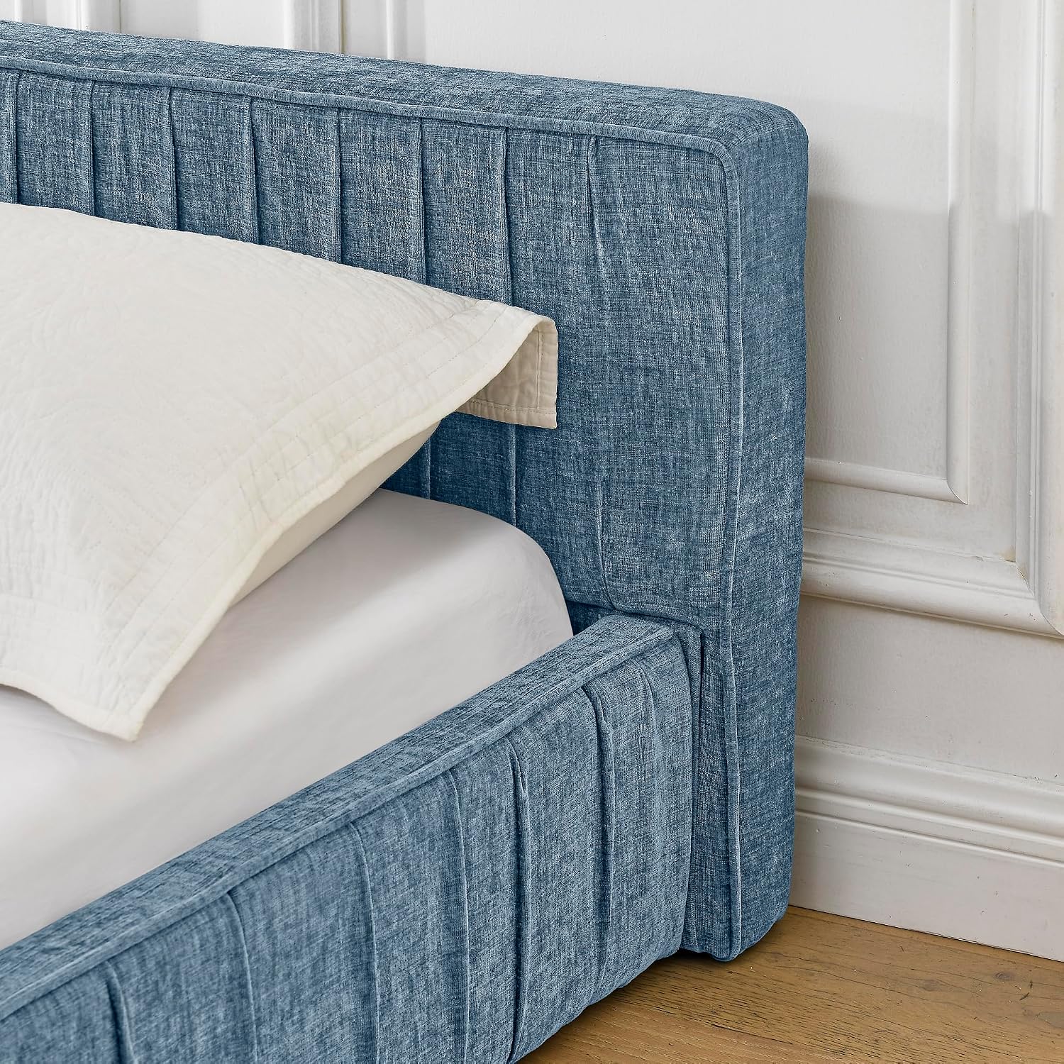 Ball & Cast Queen Size Low Bed Frame,Chenille Upholstered Platform Bed with Pleated Design Headboard,Grounded Floor Bed with Wood Slat Support,No Box Spring Needed,Dark Blue