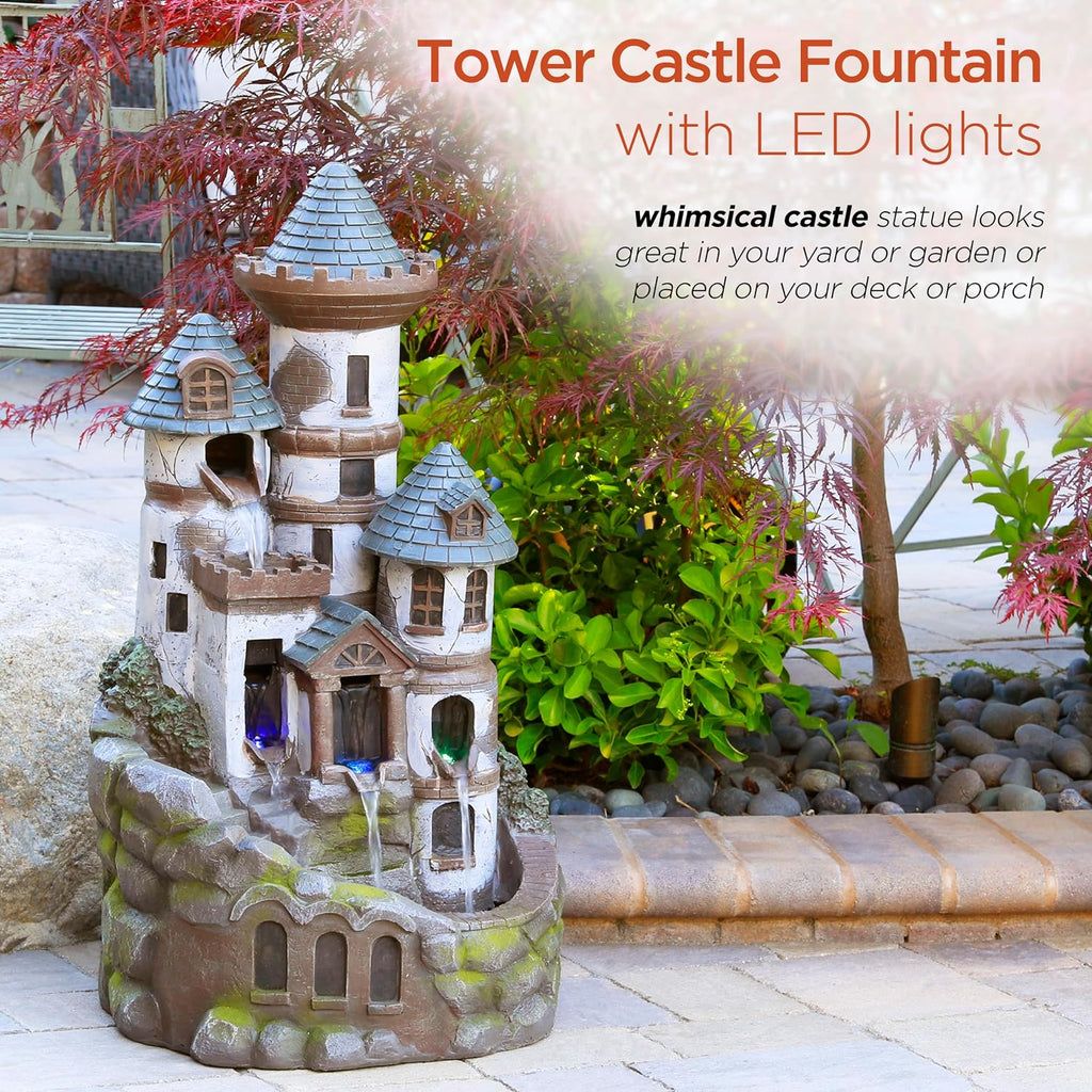 Alpine Corporation USA1368 Outdoor Floor Tiered Fairy Castle Water Fountain with Color Changing LED Lights, 35', Brown
