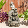Glitzhome Water Fountain Outdoor, Outdoor Fountain with Lights & Pump, 22.25' H 4-Tiered Concrete Mermaid Polyresin Waterfall Floor Standing Water Feature for Garden, Patio, Yard, Deck, Porch