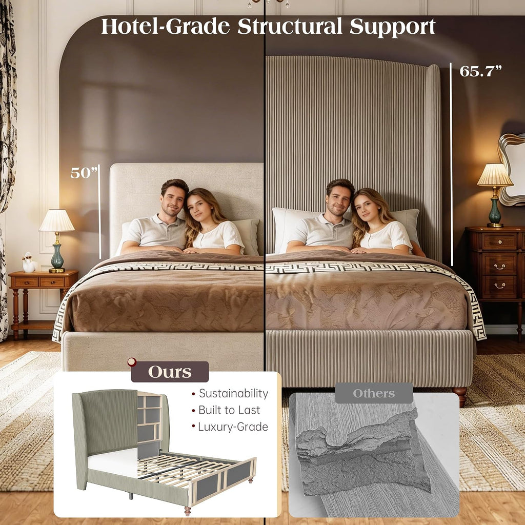 65.7' Tall Headboard California King Size Upholstered Bed Frame with Wingback, Soft Washable Corduroy Beds Cover, Solid Wood Legs, Noise-Free, No Box Spring Needed, Light Gray