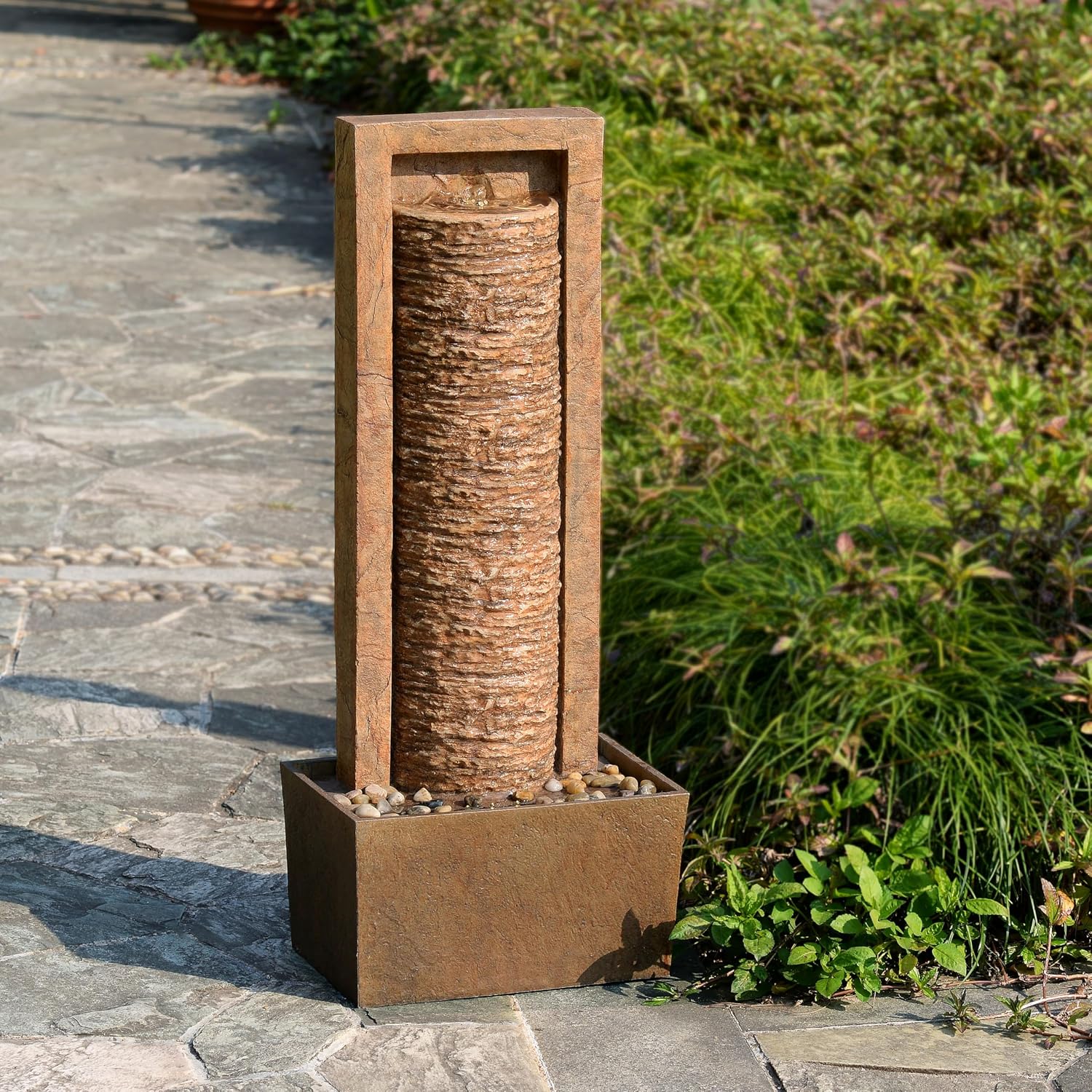 Teamson Home Framed Layered Rock Design Patio Water Fountain–Warm Glow Lighting with Steady Flow & Electric Pump, Brown