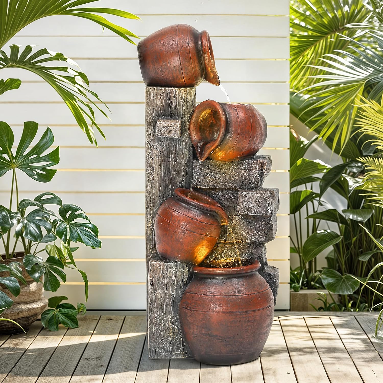 31.5' H Outdoor Water Fountain with LED Lights and Pump, Cascading Pitchers Farmhouse Garden Fountain Waterfall for Patio, Porch, or Yard