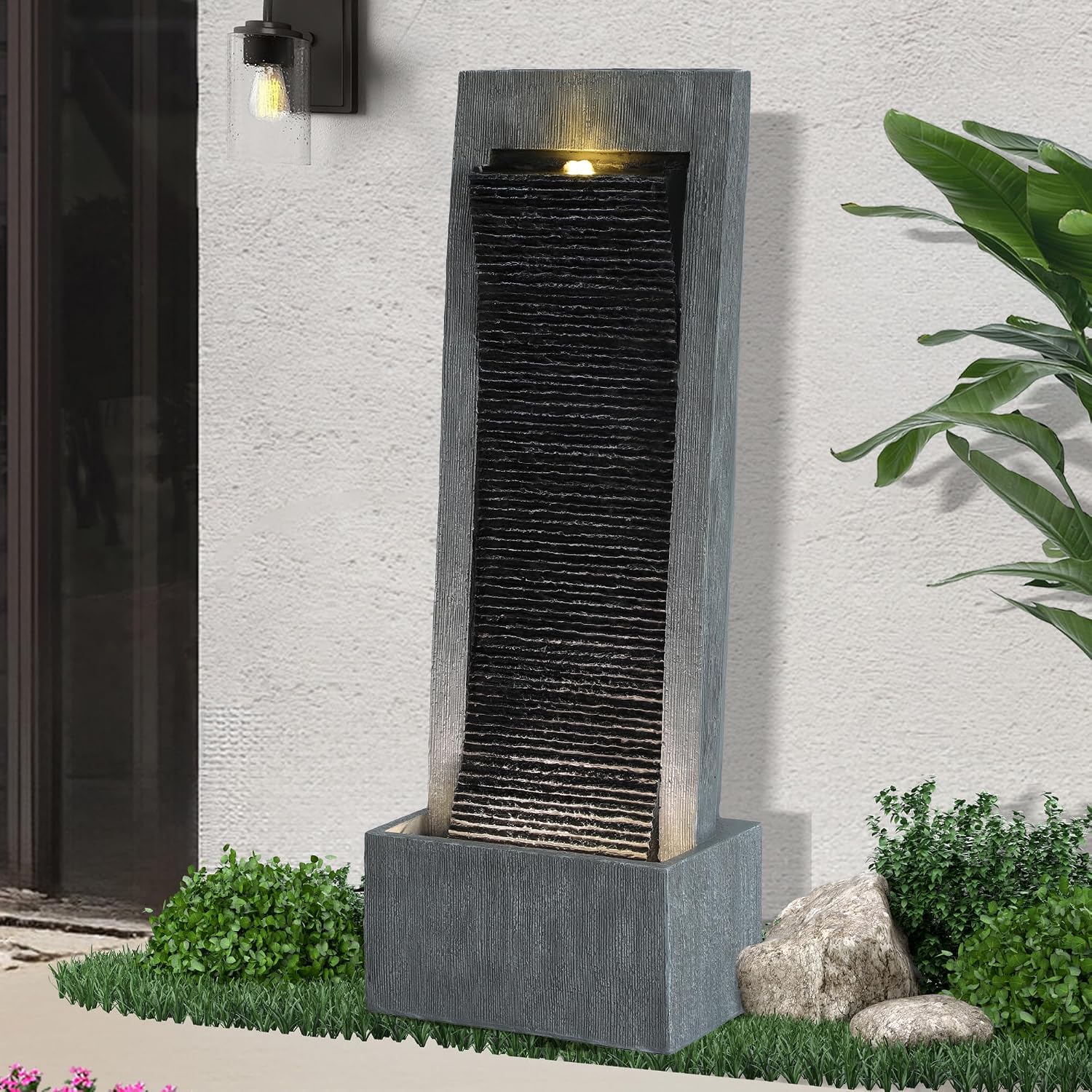 50'H Water Fountains Outdoor, Large Garden Water Fountains and Waterfalls Outside, Indoor Floor Standing Resin Fountain Features W/Pump LED Light Cobbles for Patio, Backyard, Deck, Porch, Home