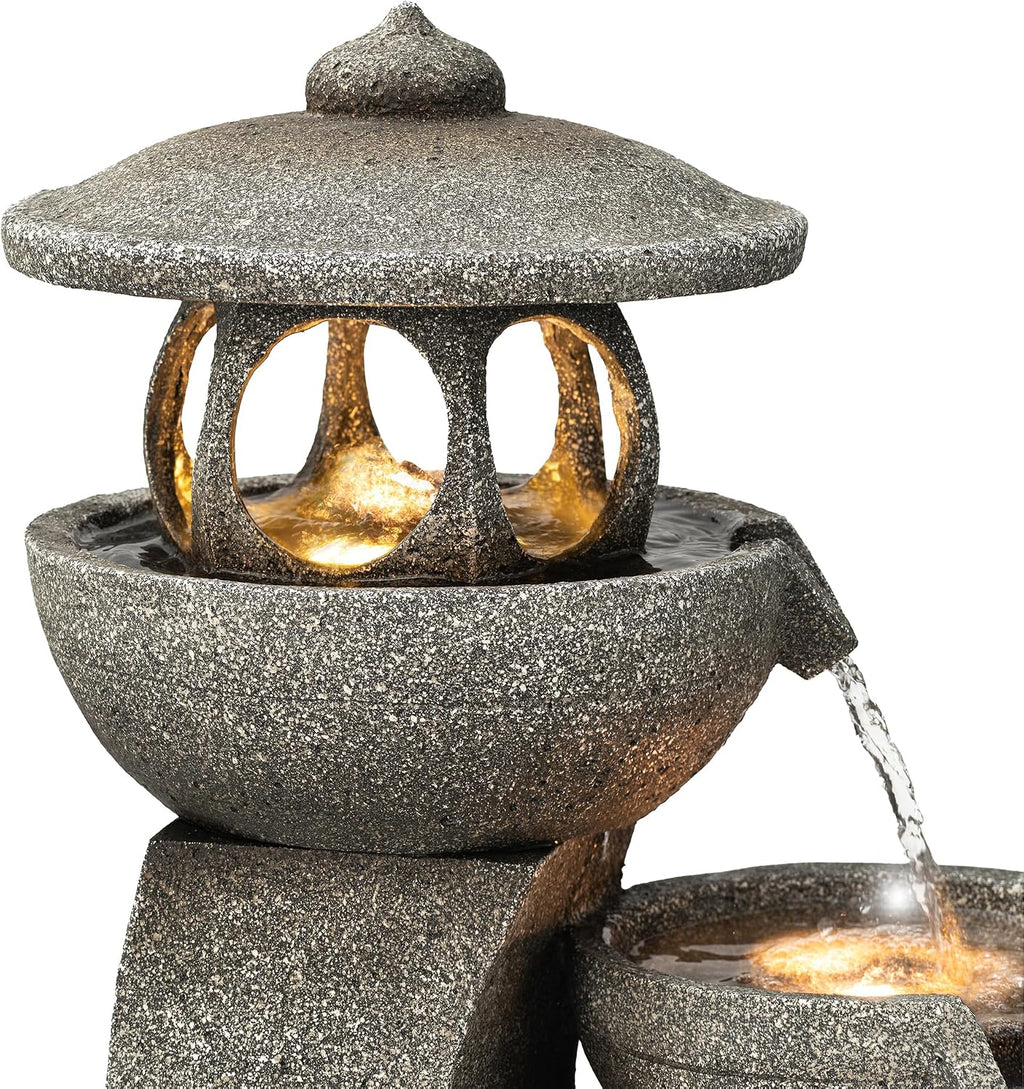Glitzhome Pagoda Outdoor Water Fountain with LED Light, 4-Tier Oversized Cascading Stacked Stone Waterfall Fountains, Natural Stone Look Outdoor Fountain for Garden Patio Porch, 32'H